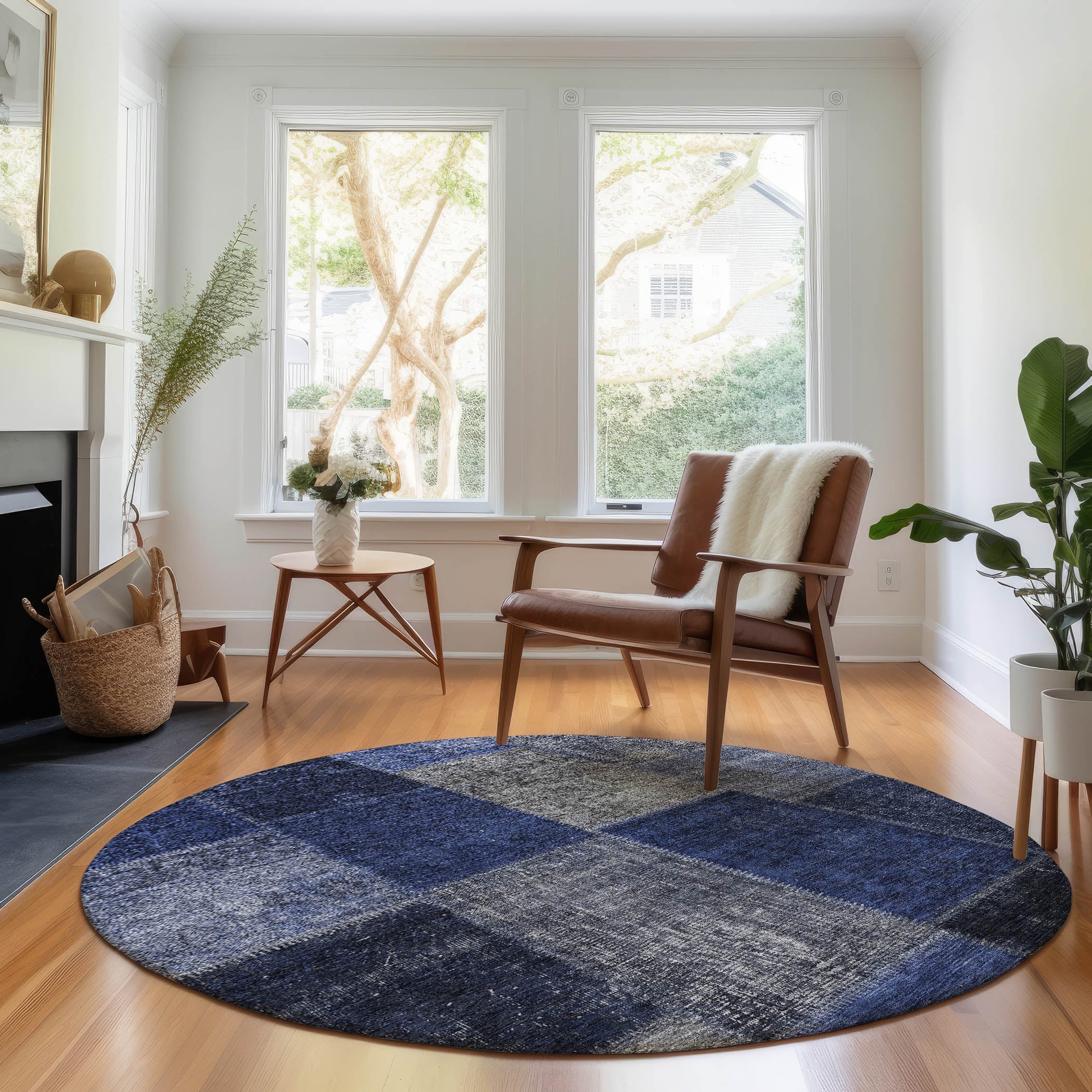 Havana Machine Washable Transitional Navy Blue Rug 8' x 8' #shape_Round