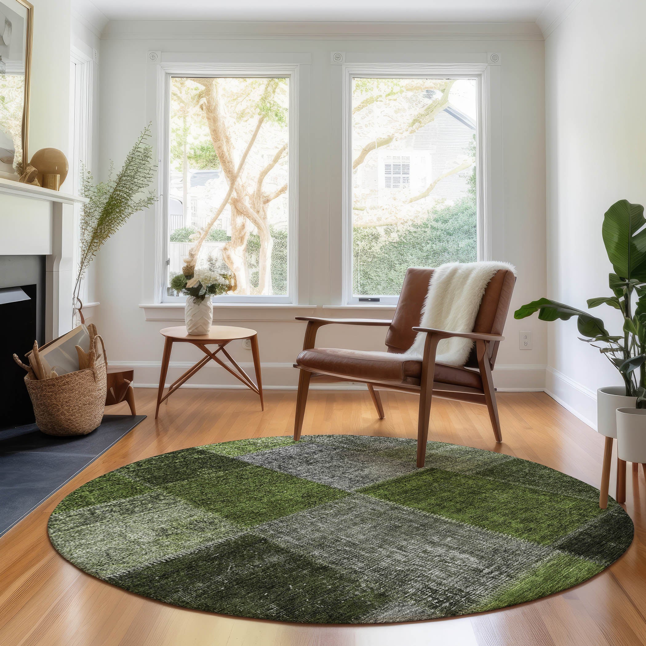 Havana Machine Washable Transitional Olive Green Rug 8' x 8' #shape_Round