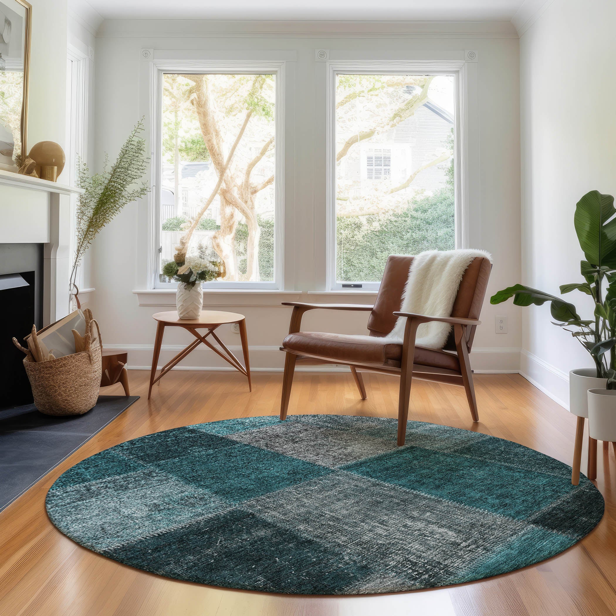 Havana Machine Washable Transitional Teal Rug 8' x 8' #shape_Round