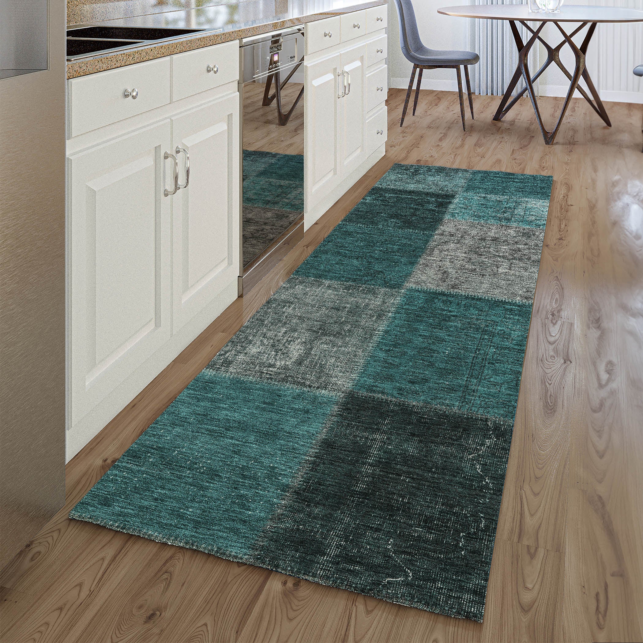 Havana Machine Washable Transitional Teal Rug 2'3" x 7'6" #shape_Runner