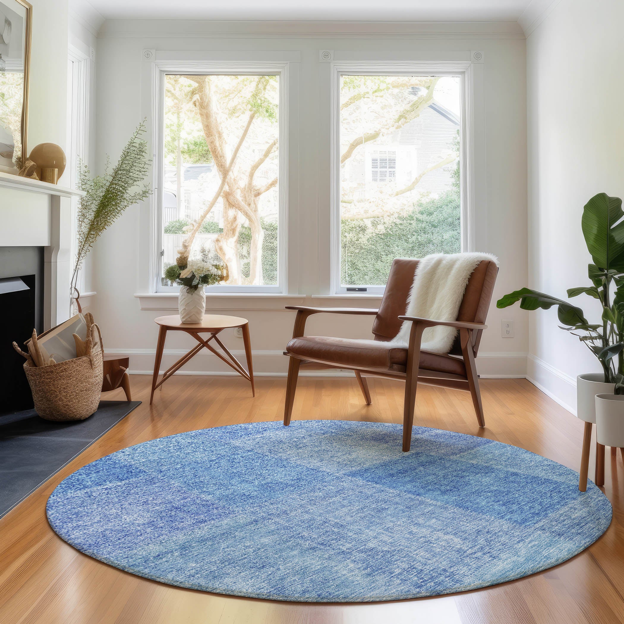 Dublin Machine Washable Transitional Denim Blue Rug 8' x 8' #shape_Round