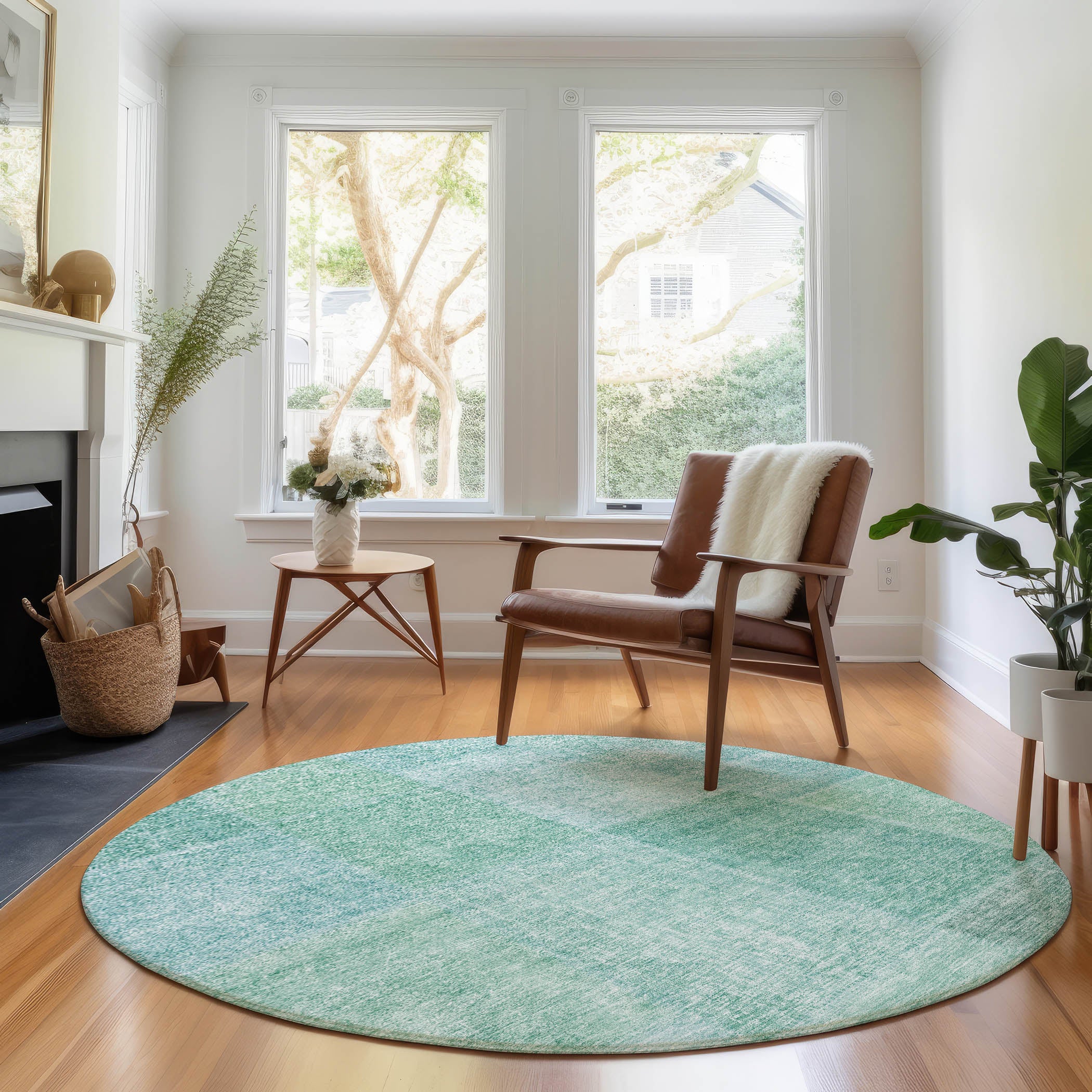 Dublin Machine Washable Transitional Teal Rug 8' x 8' #shape_Round