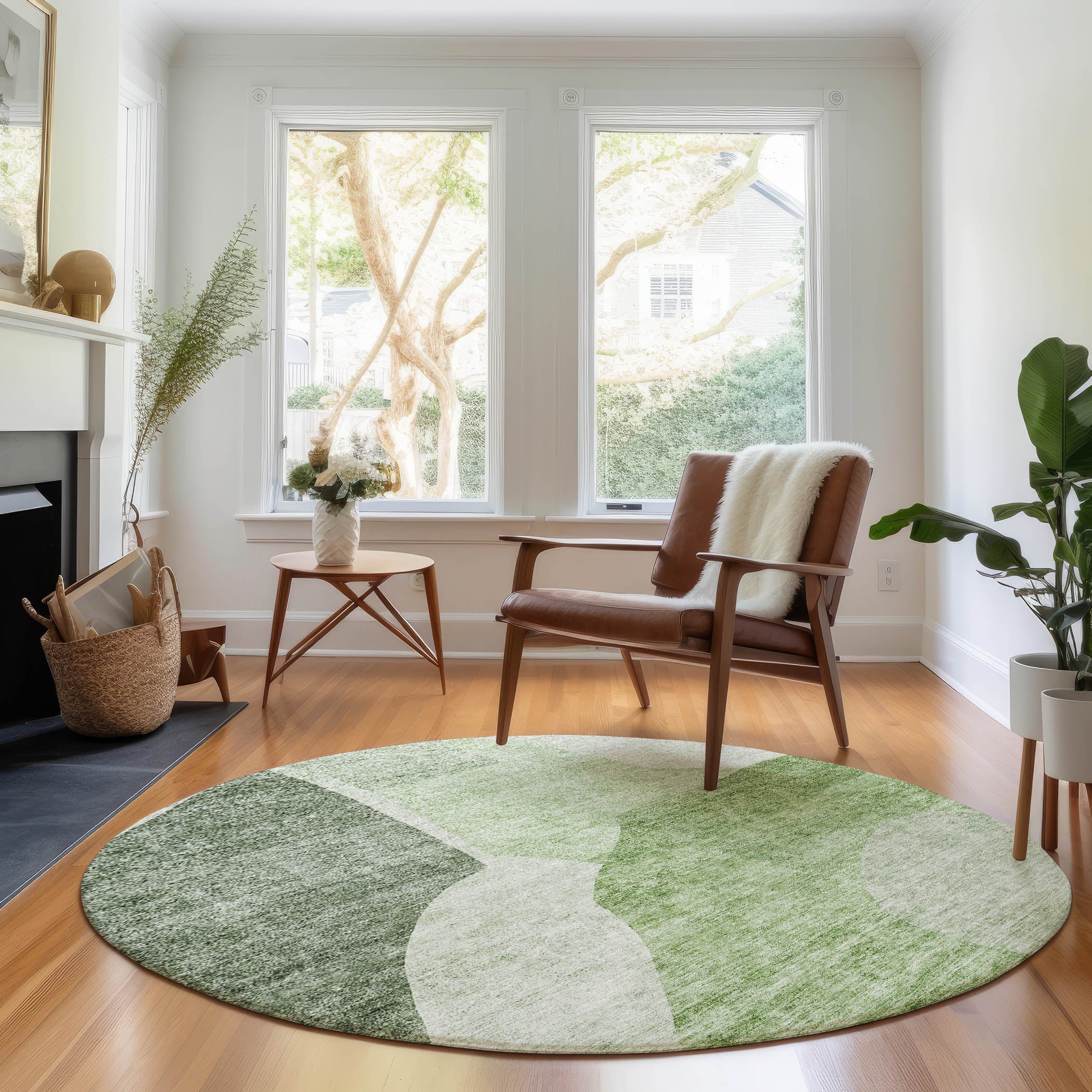 Montevideo Machine Washable Transitional Aloe Green Rug 8' x 8' #shape_Round