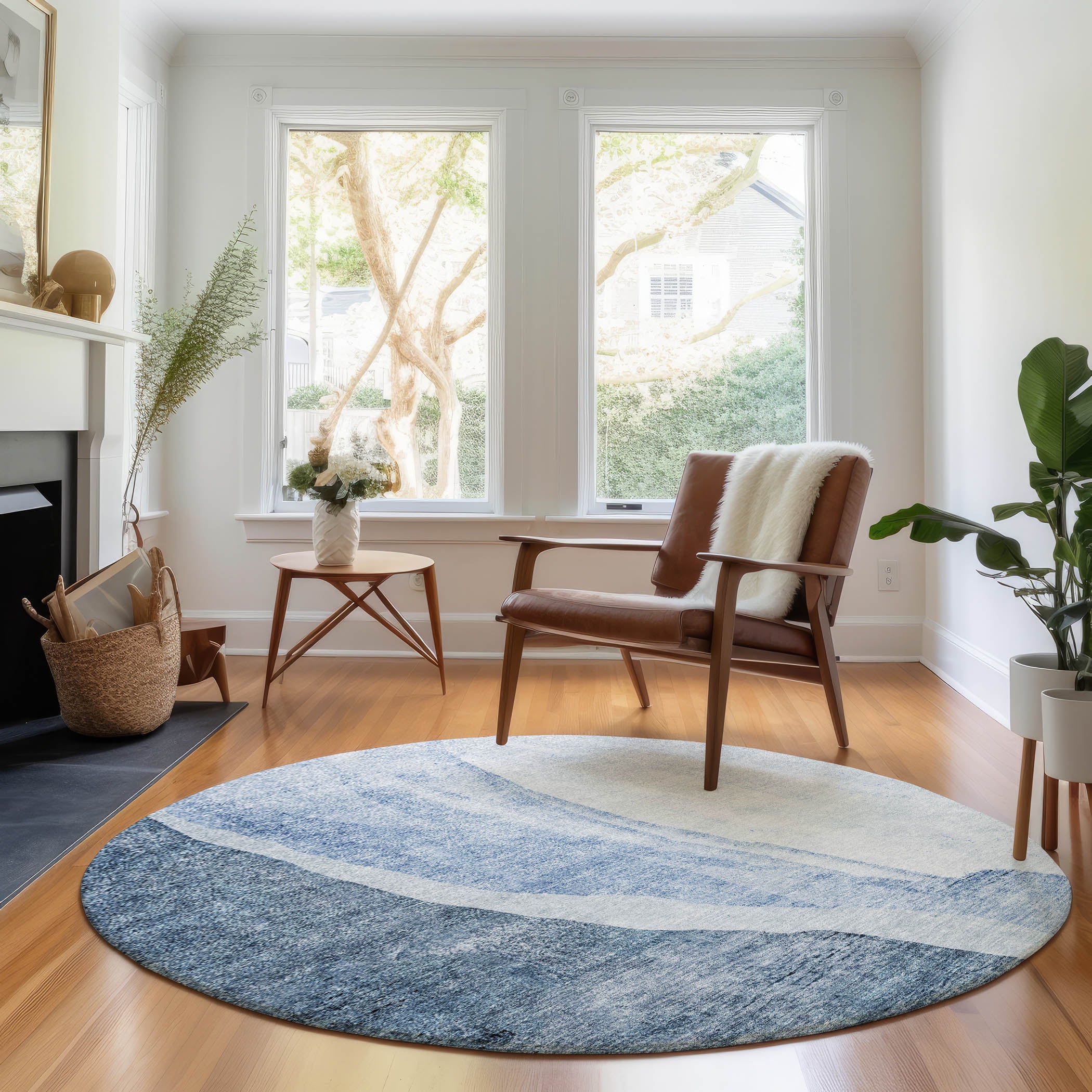 Seville Machine Washable Transitional Blue Rug 8' x 8' #shape_Round