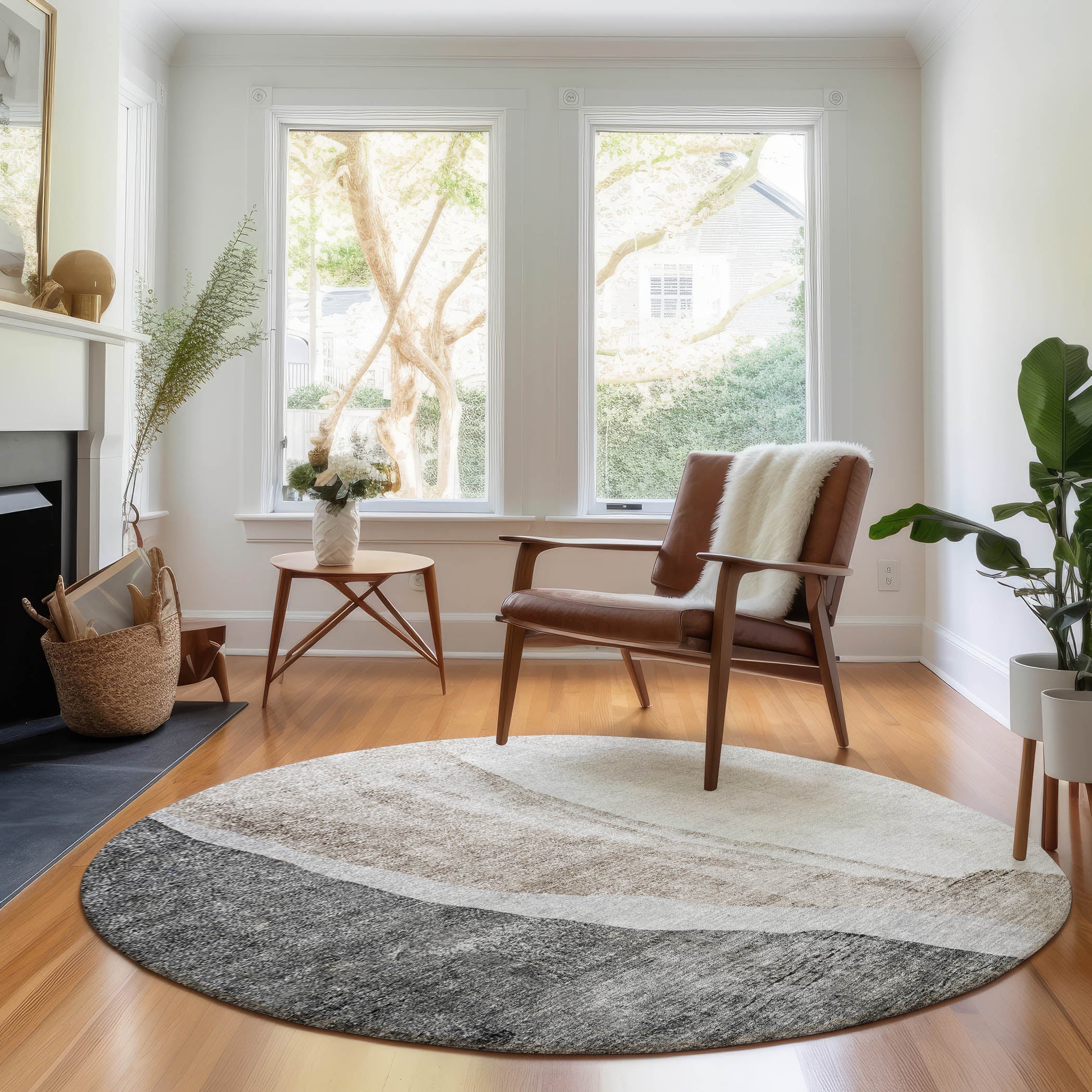 Seville Machine Washable Transitional Charcoal Gray Rug 8' x 8' #shape_Round