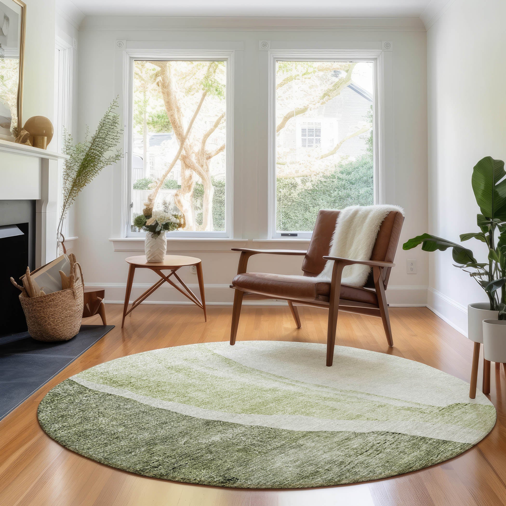 Seville Machine Washable Transitional Olive Green Rug 8' x 8' #shape_Round