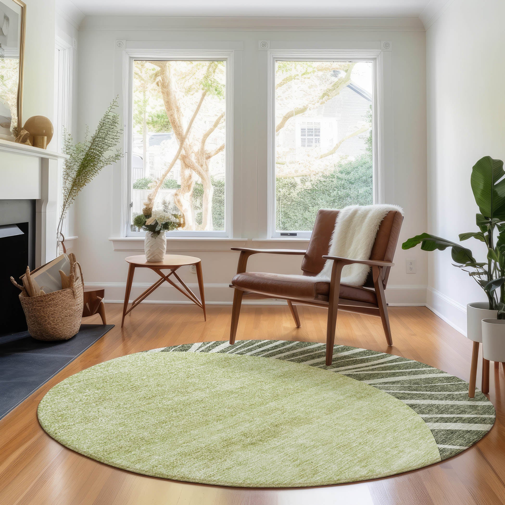 Ghent Machine Washable Transitional Olive Green Rug 8' x 8' #shape_Round