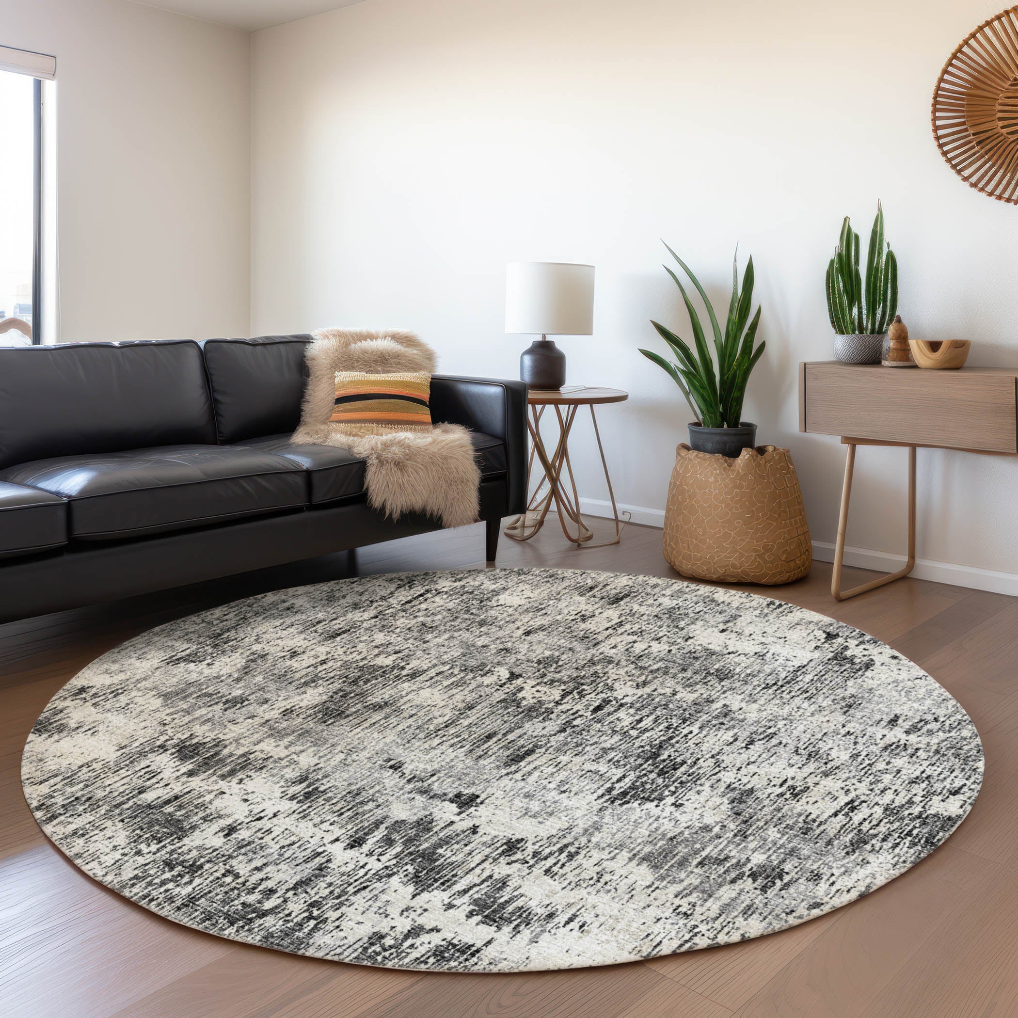 Bruges Machine Washable Transitional Gray Black Rug 8' x 8' #shape_Round