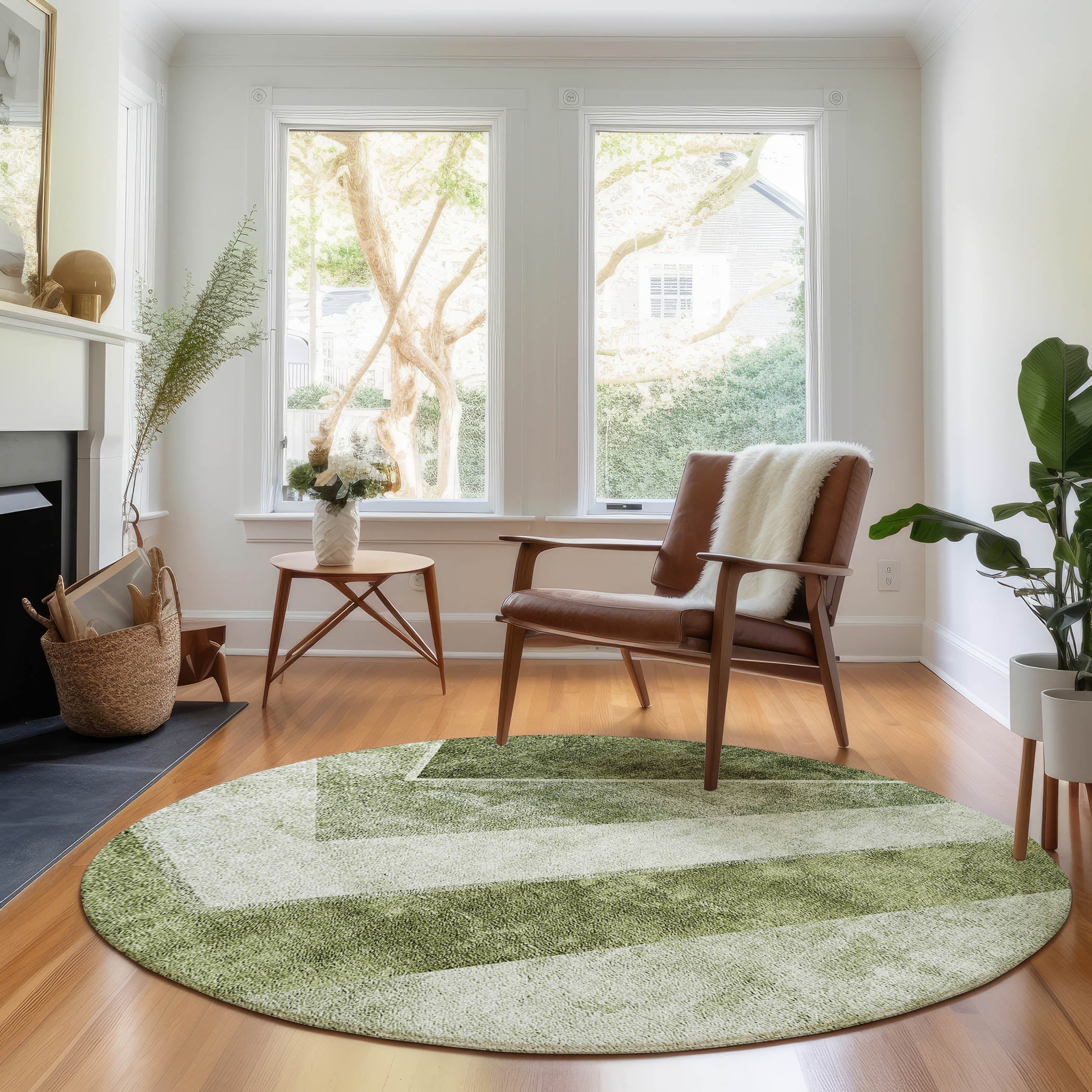 Lucerne Machine Washable Transitional Olive Green Rug 8' x 8' #shape_Round