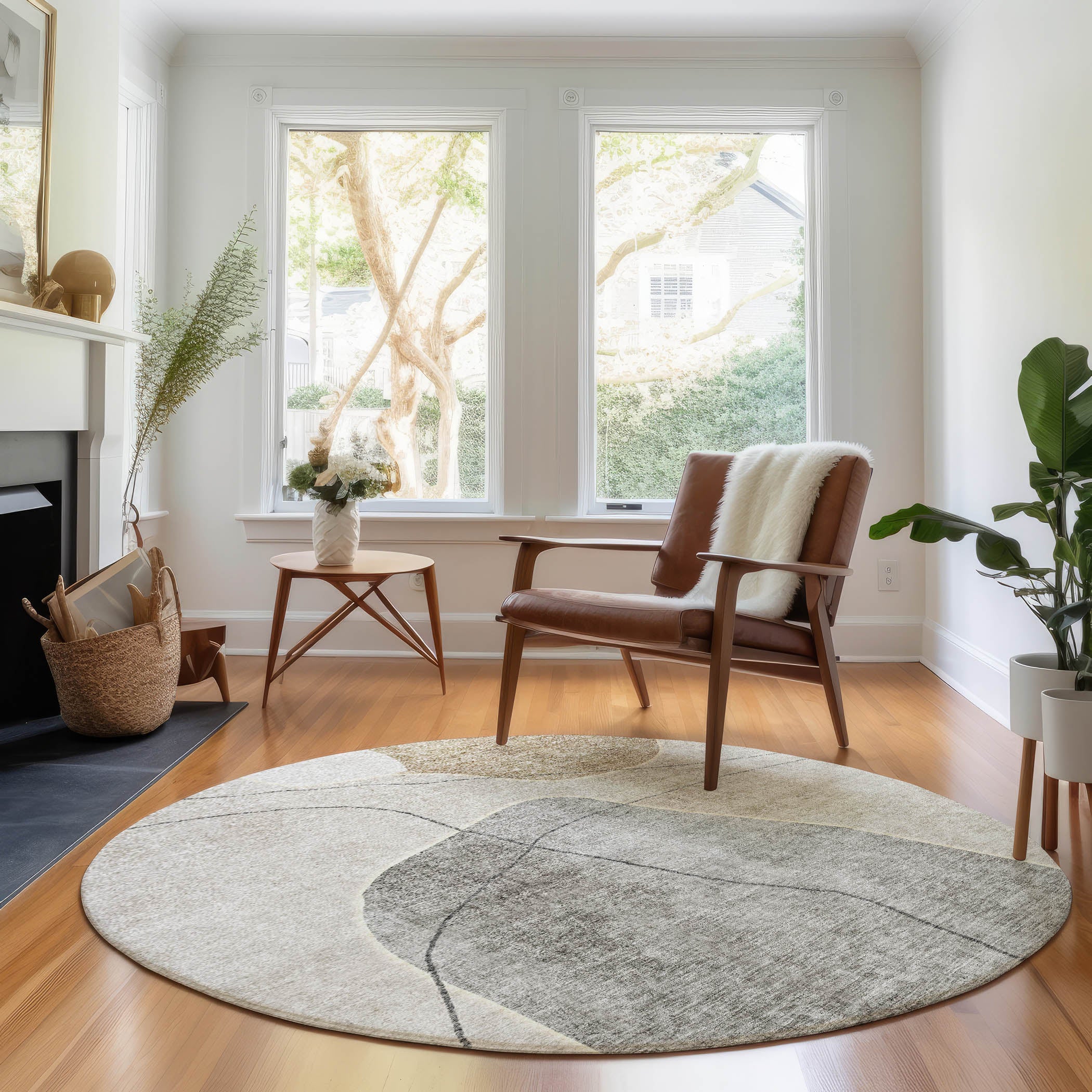 Cairo Machine Washable Transitional Beige Brown Rug 8' x 8' #shape_Round
