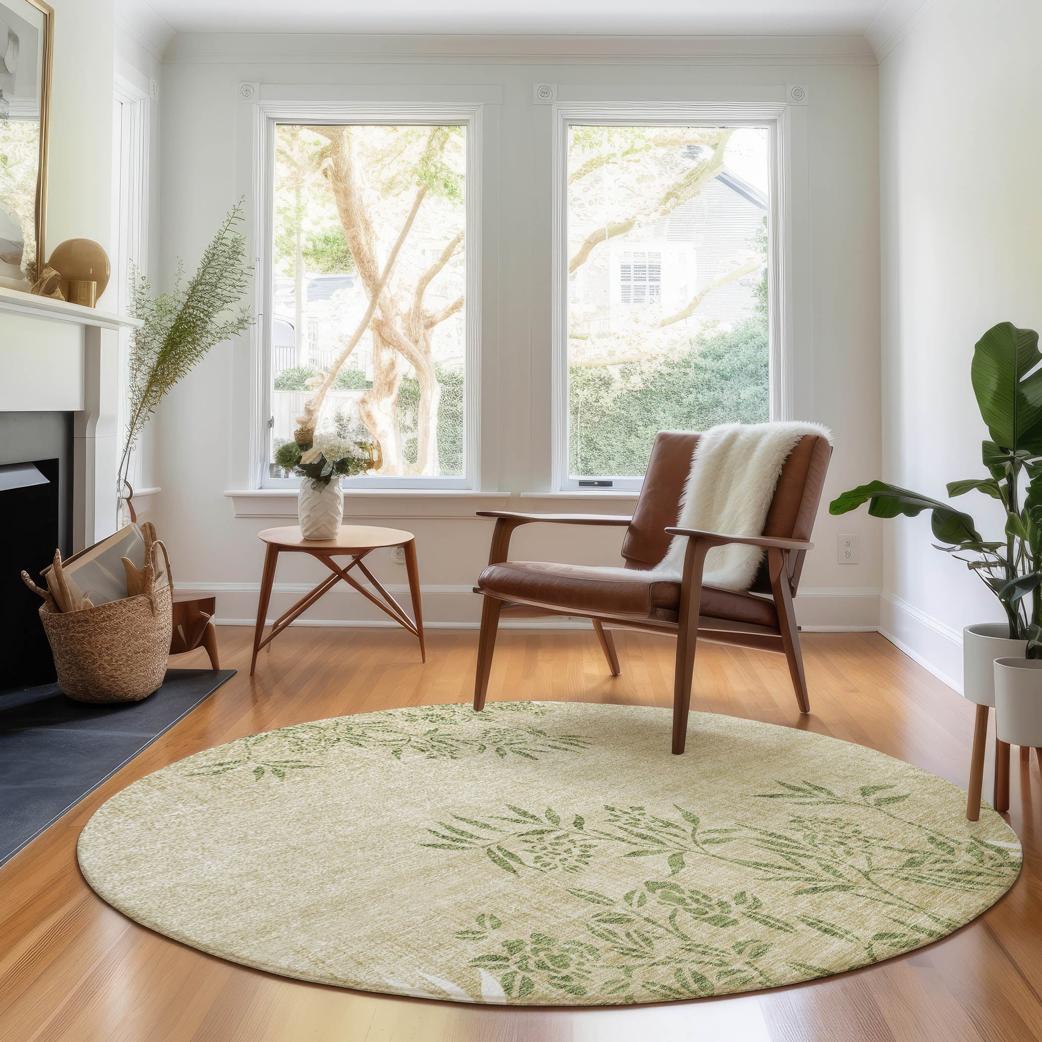 Queenstown Machine Washable Transitional Khaki Brown Rug 8' x 8' #shape_Round