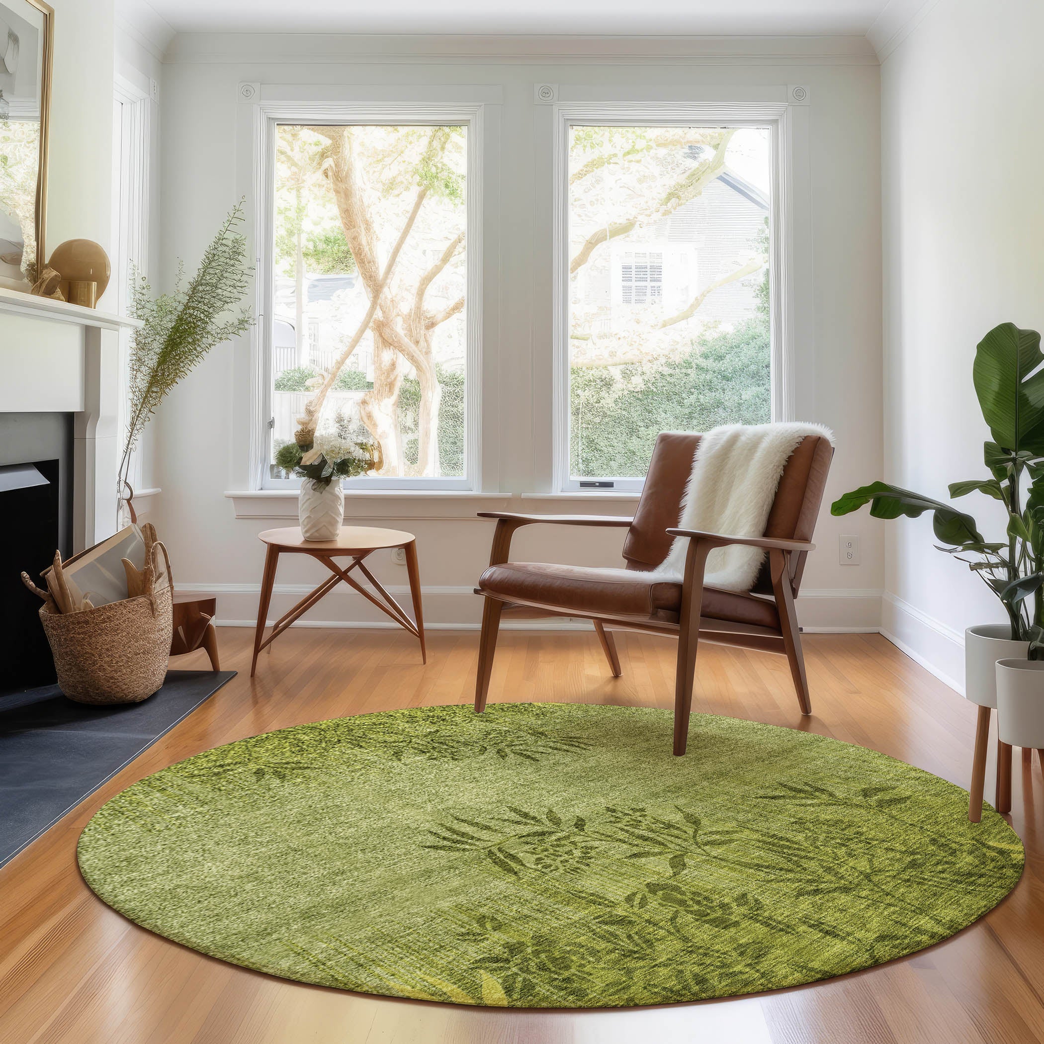 Queenstown Machine Washable Transitional Olive Green Rug 8' x 8' #shape_Round
