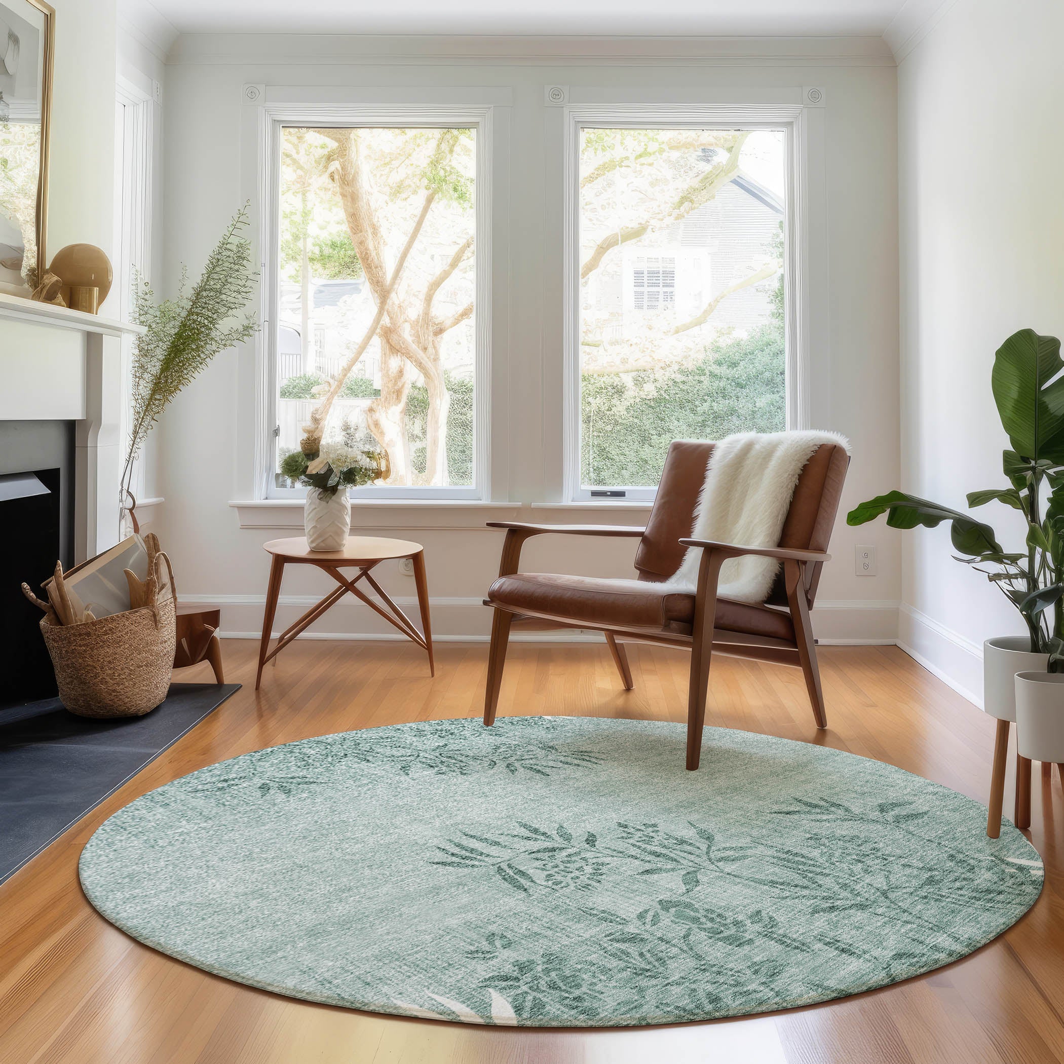 Queenstown Machine Washable Transitional Sage Green Rug 8' x 8' #shape_Round