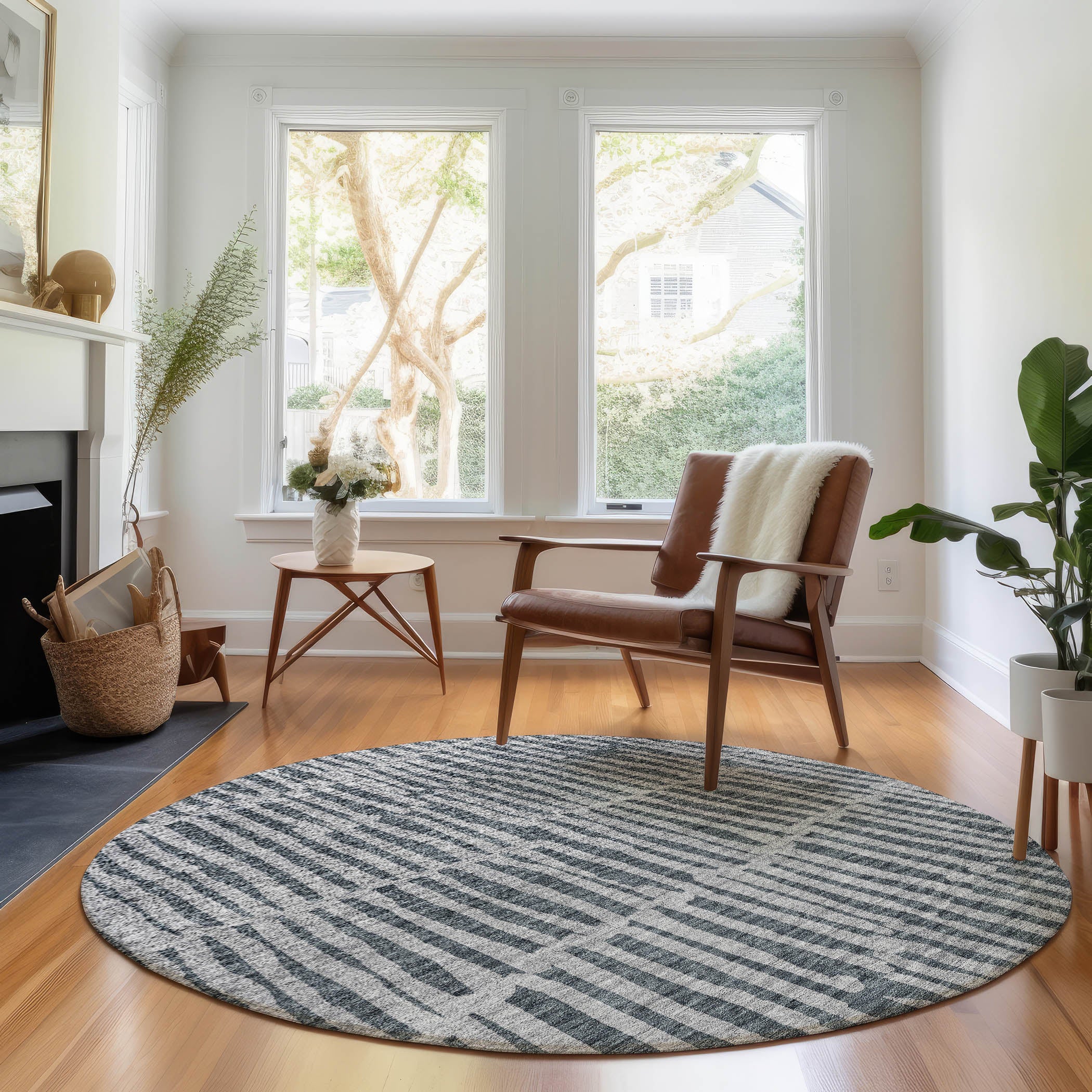 Sarajevo Machine Washable Transitional Charcoal Gray Rug 8' x 8' #shape_Round