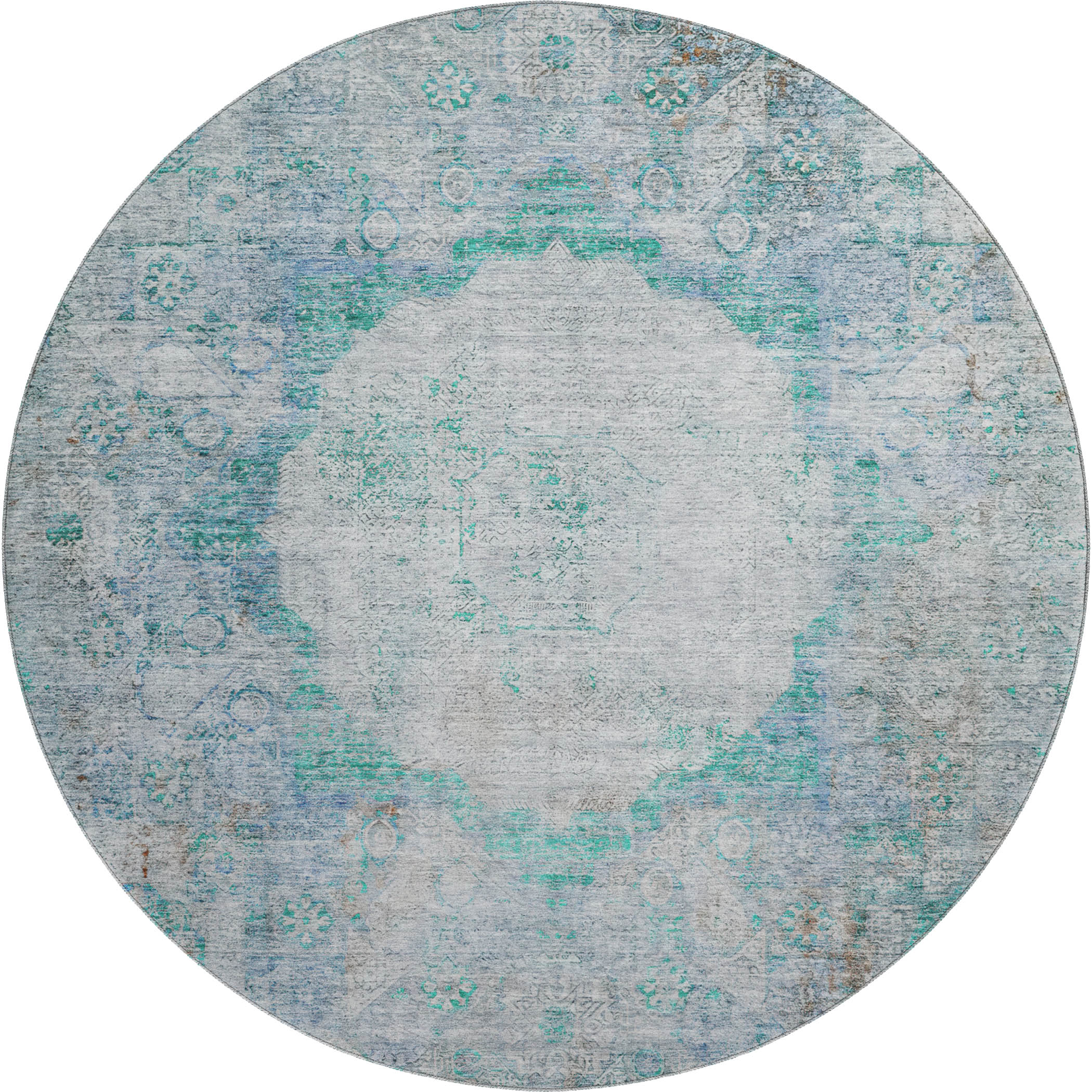 Budapest Machine Washable Traditional Teal Rug 8' x 8' #shape_Round