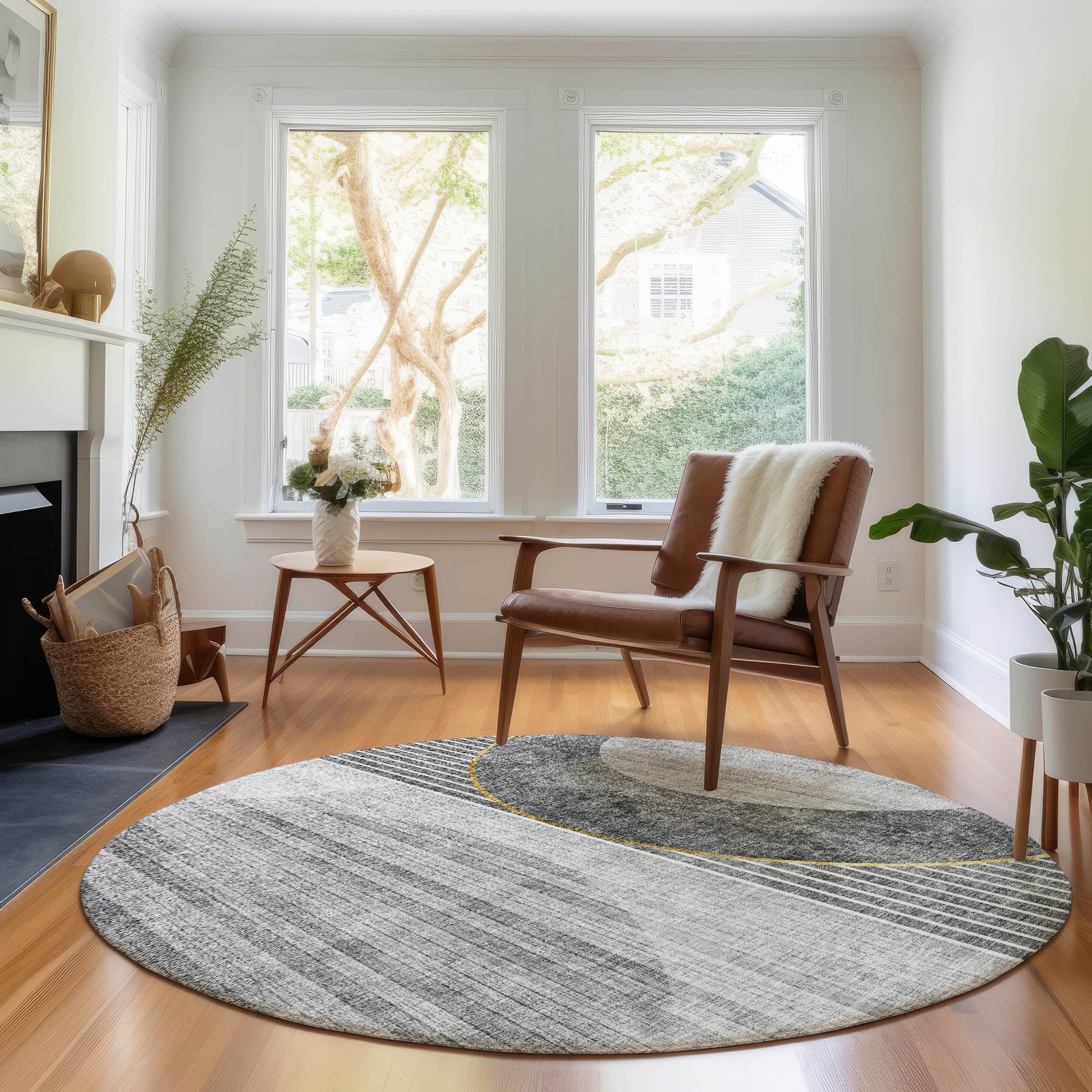 Marrakech Machine Washable Transitional Charcoal Gray Rug 8' x 8' #shape_Round