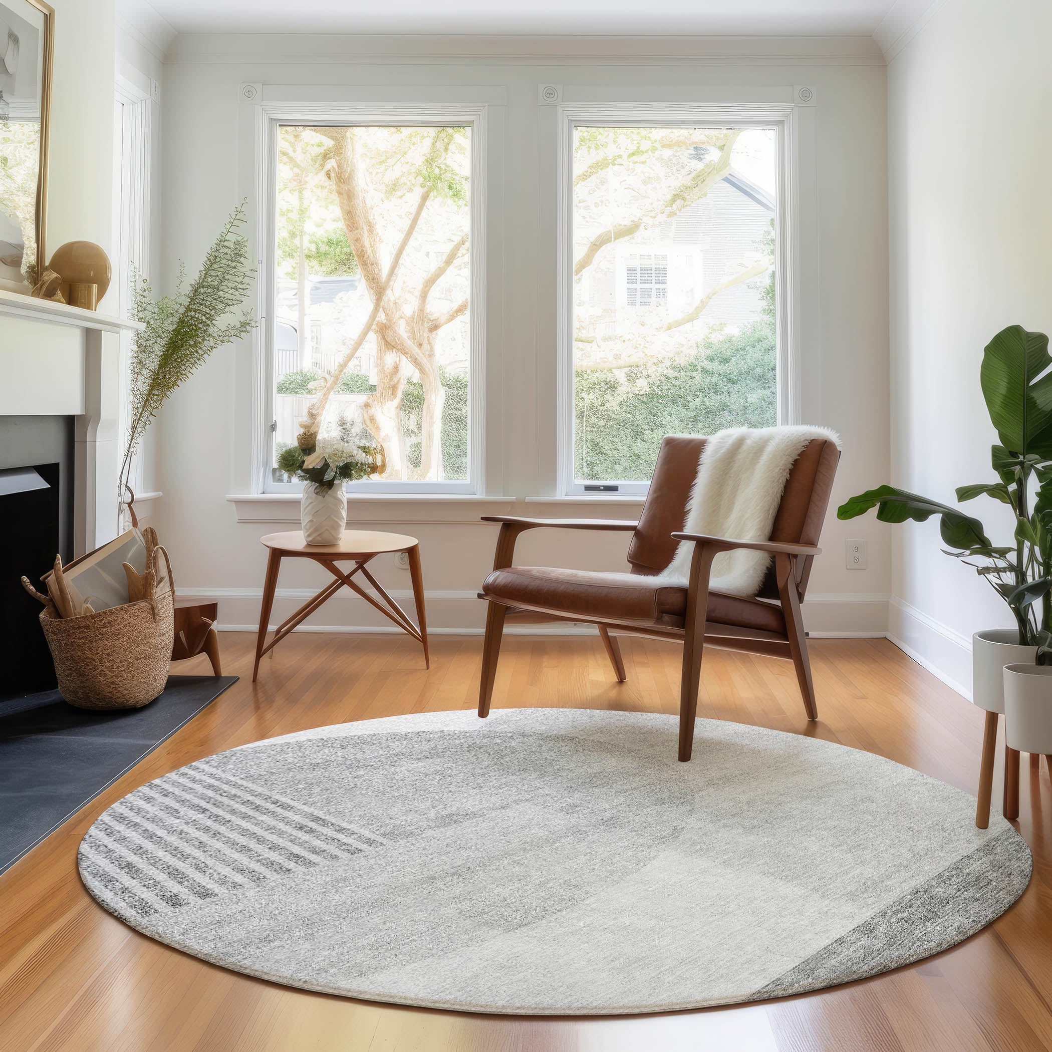 Montevideo Machine Washable Transitional Gray Rug 8' x 8' #shape_Round