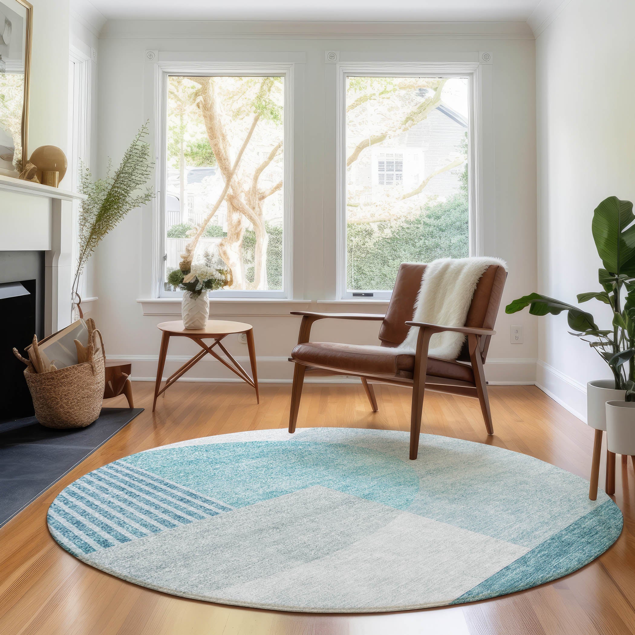 Montevideo Machine Washable Transitional Teal Rug 8' x 8' #shape_Round