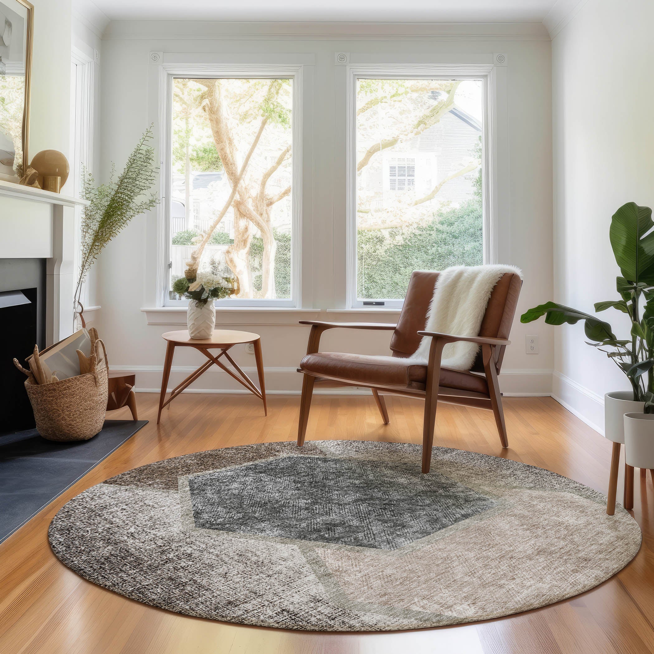 Queenstown Machine Washable Transitional Fudge Brown Rug 8' x 8' #shape_Round