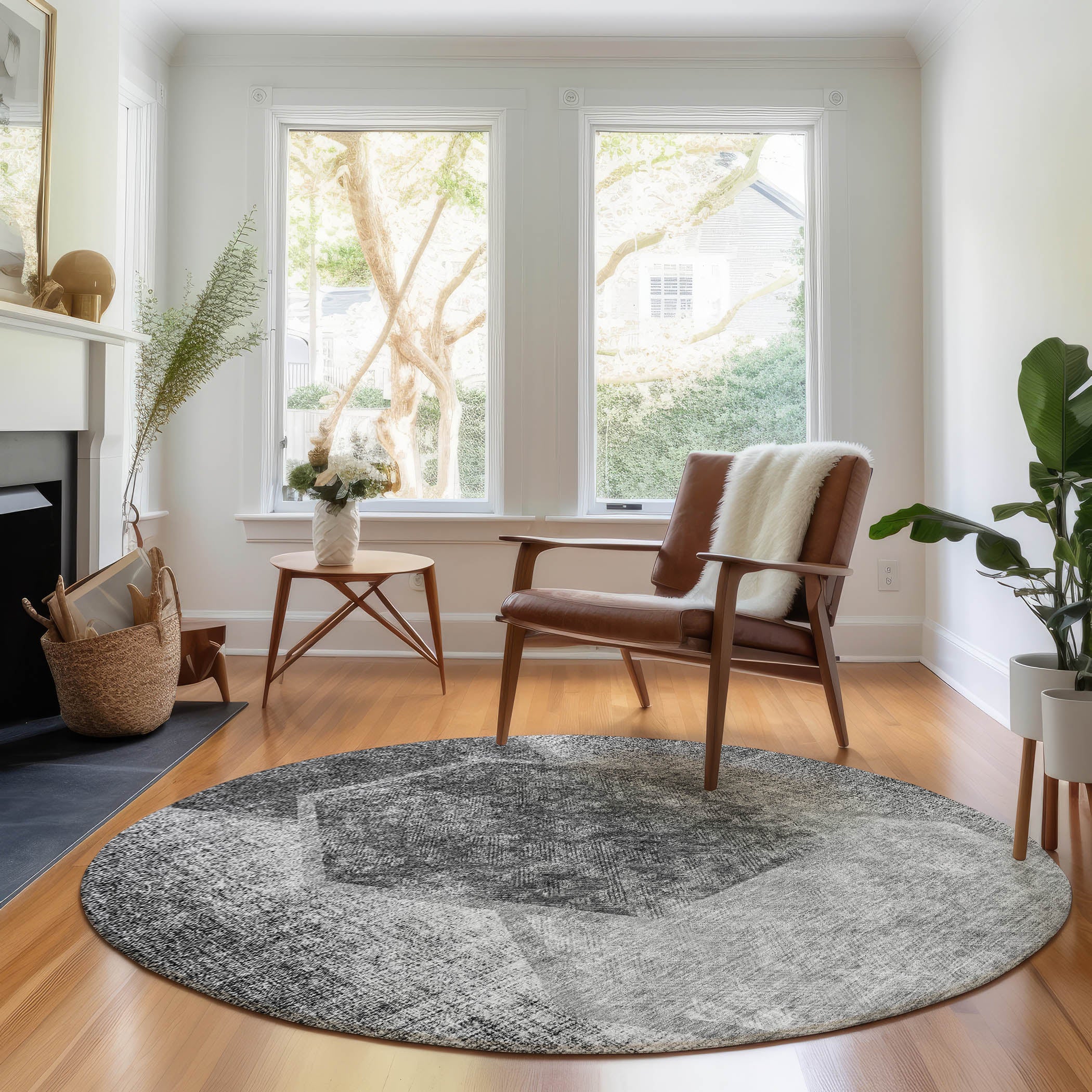 Queenstown Machine Washable Transitional Gray Rug 8' x 8' #shape_Round