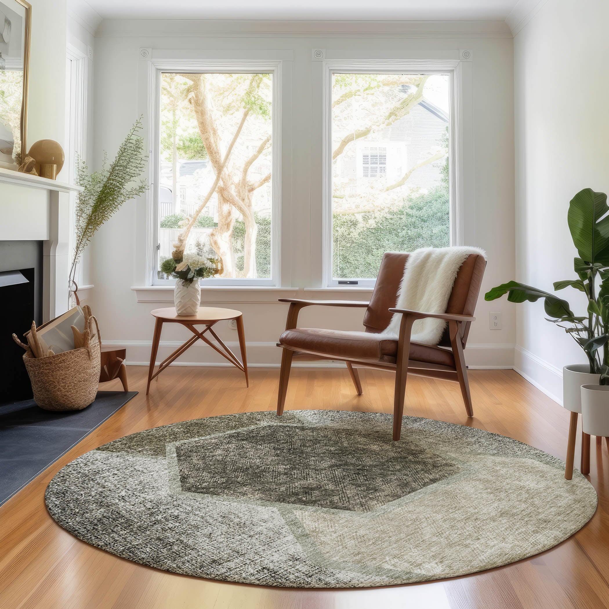 Queenstown Machine Washable Transitional Taupe Brown Rug 8' x 8' #shape_Round
