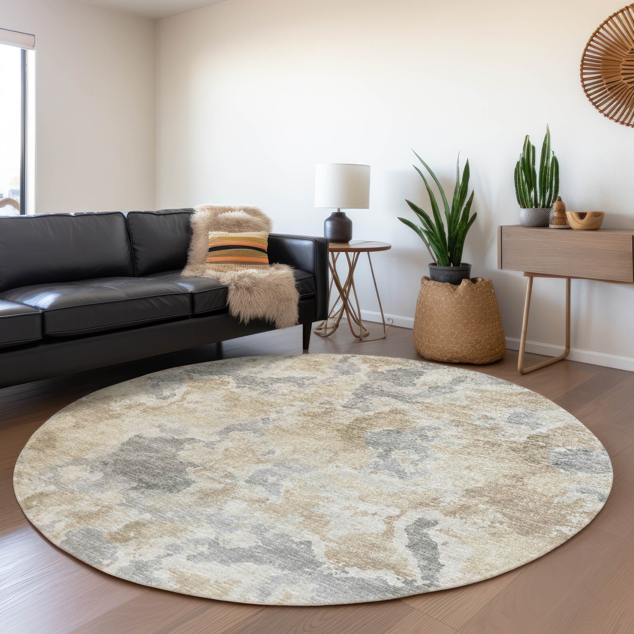 Valletta Machine Washable Transitional Beige Rug 8' x 8' #shape_Round