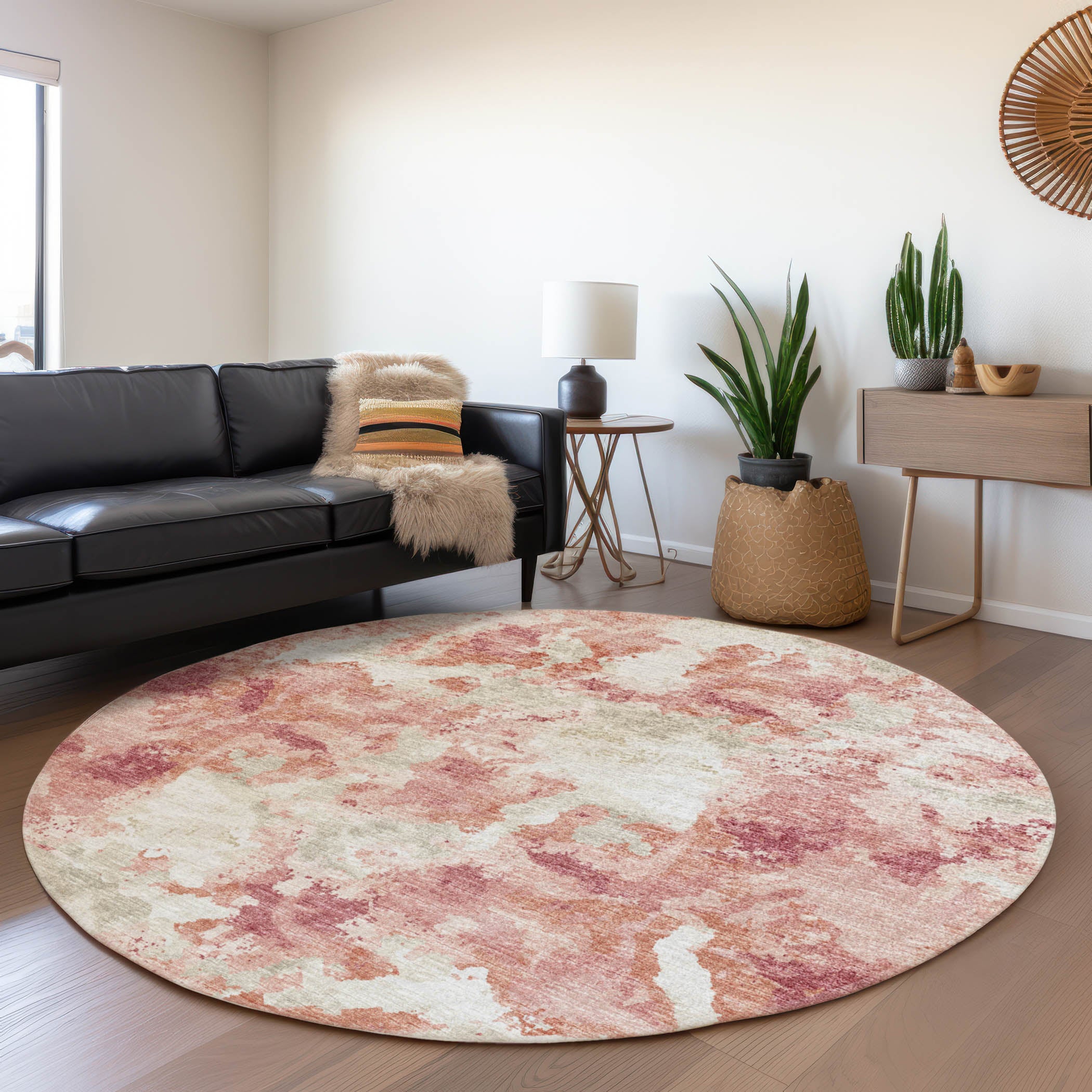 Valletta Machine Washable Transitional Pink Rug 8' x 8' #shape_Round