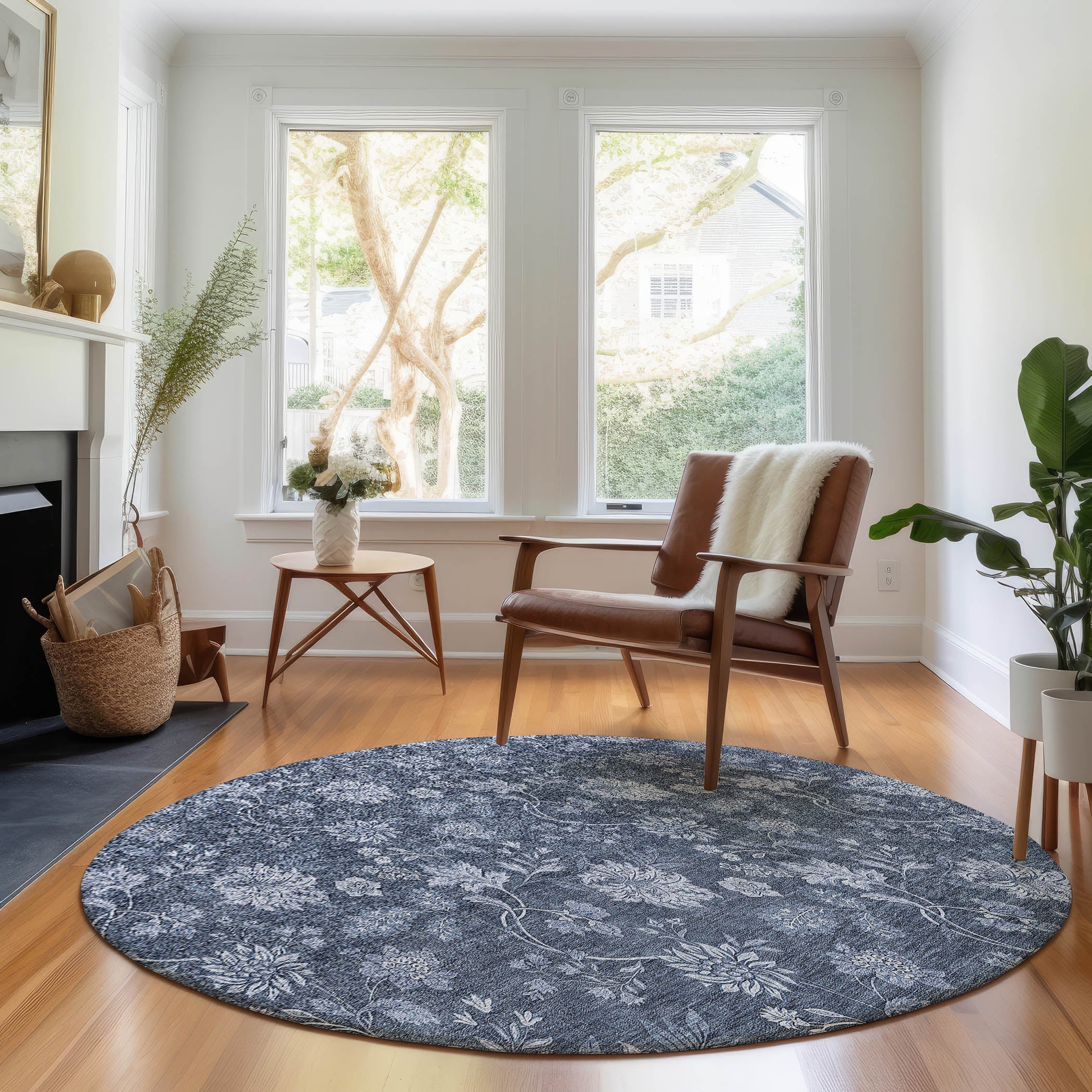 Cartagena Machine Washable Transitional Blue Rug 8' x 8' #shape_Round