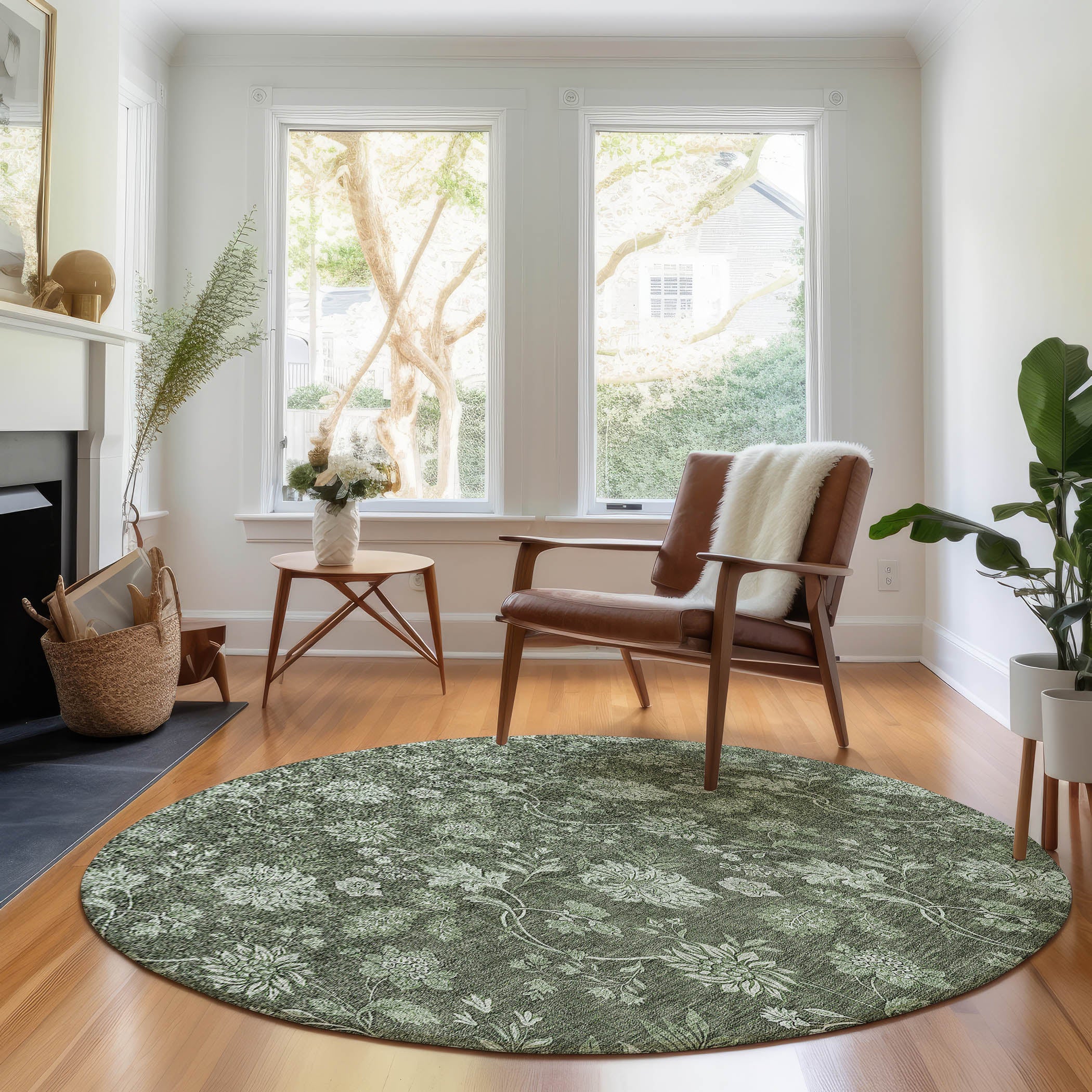 Cartagena Machine Washable Transitional Olive Green Rug 8' x 8' #shape_Round