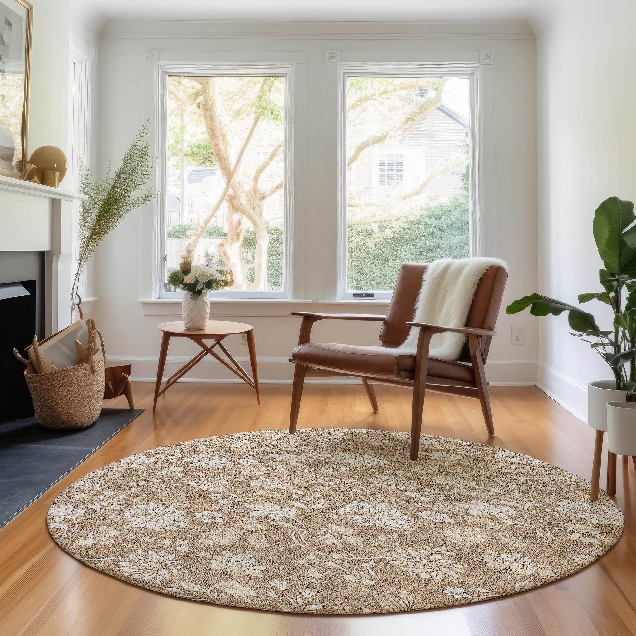 Prague Machine Washable Transitional Copper Orange Rug 8' x 8' #shape_Round