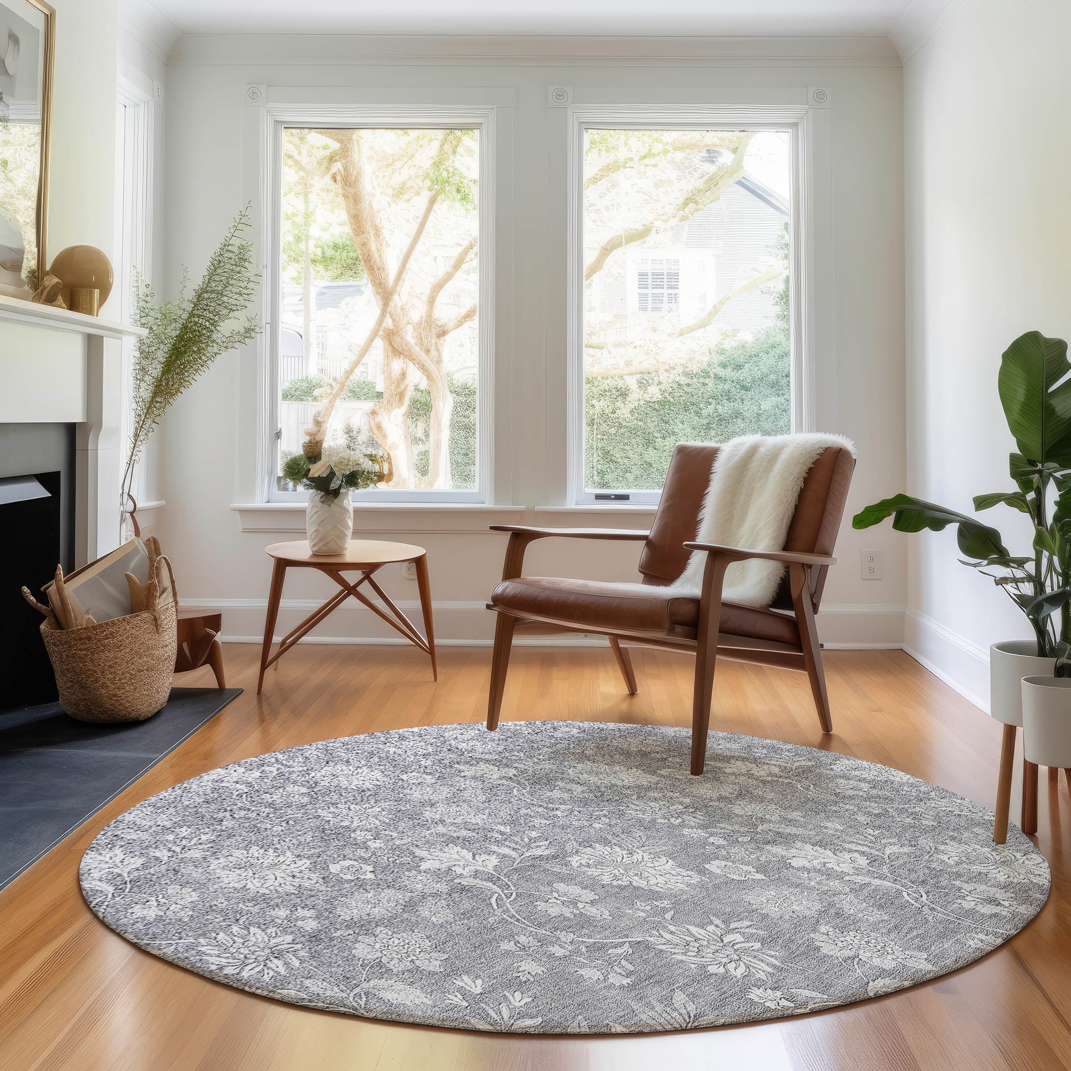 Prague Machine Washable Transitional Gray Rug 8' x 8' #shape_Round