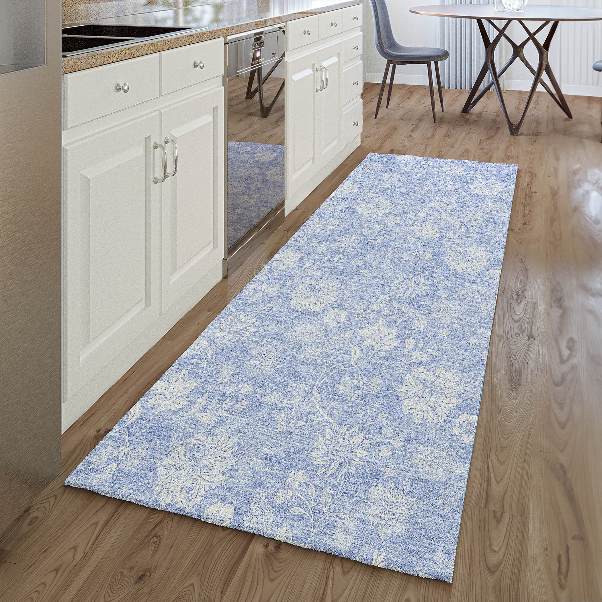 Prague Machine Washable Transitional Sky Blue Rug 2'3" x 7'6" #shape_Runner