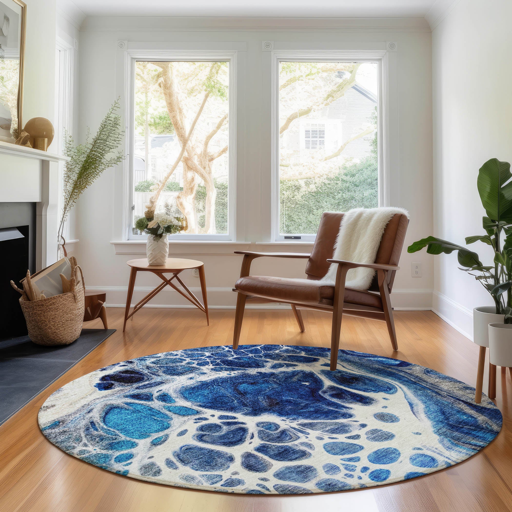 Cusco Machine Washable Transitional Navy Blue Rug 8' x 8' #shape_Round