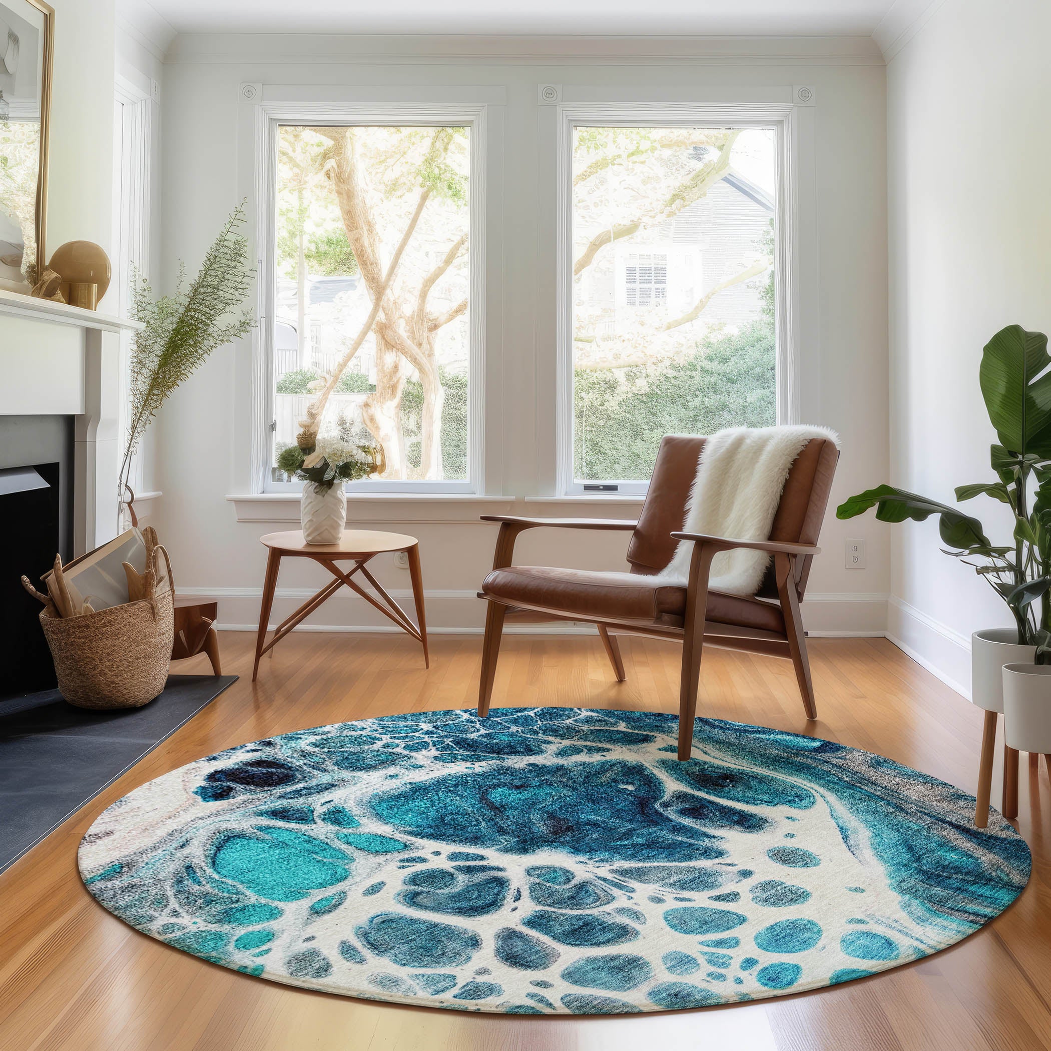 Cusco Machine Washable Transitional Teal Rug 8' x 8' #shape_Round