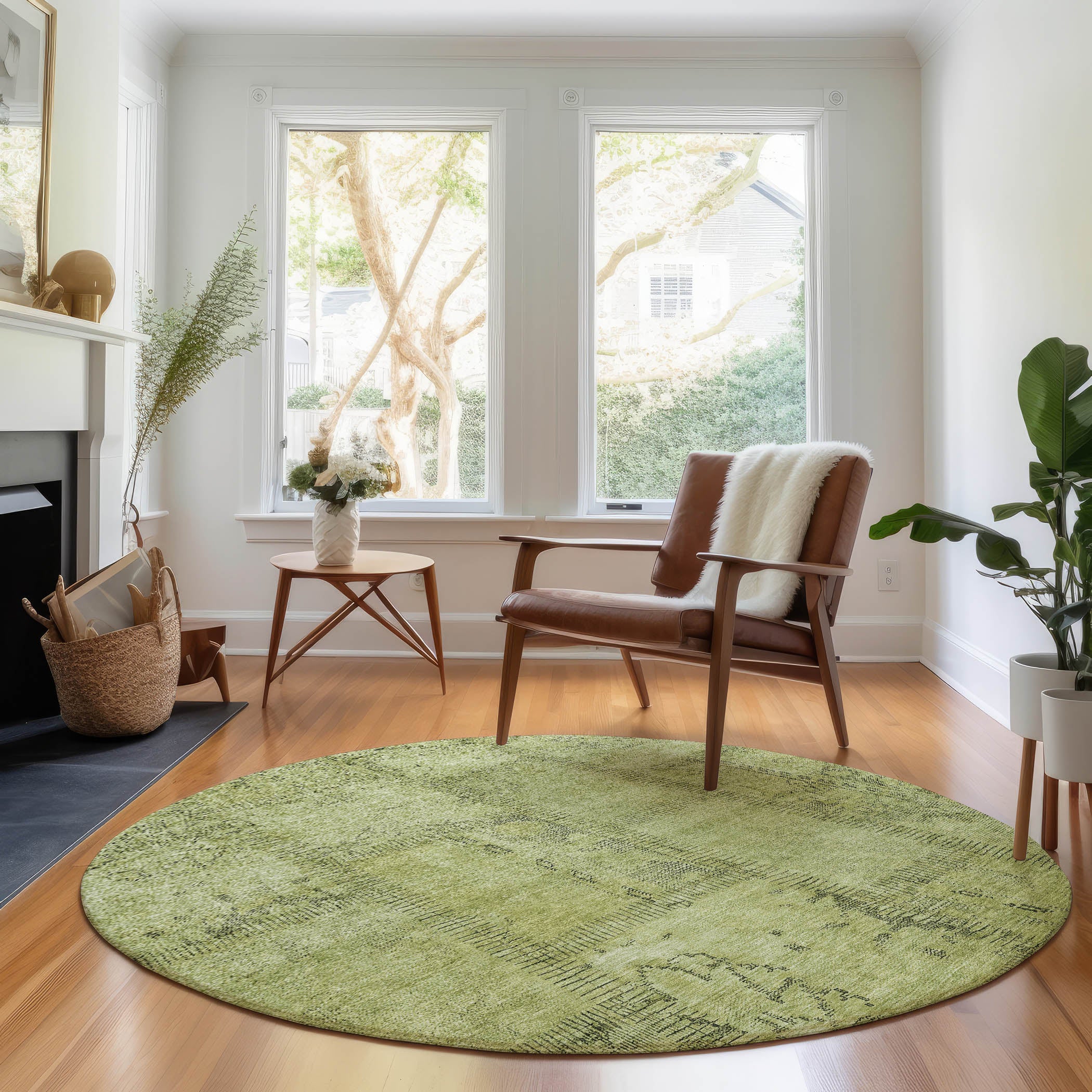 Lisbon Machine Washable Transitional Fern Green Rug 8' x 8' #shape_Round