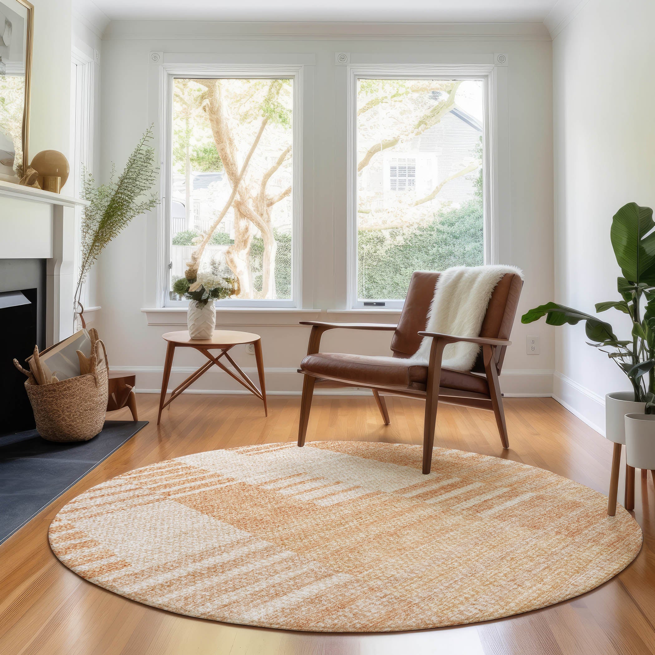 Bangkok Machine Washable Transitional Salmon Orange Rug 8' x 8' #shape_Round