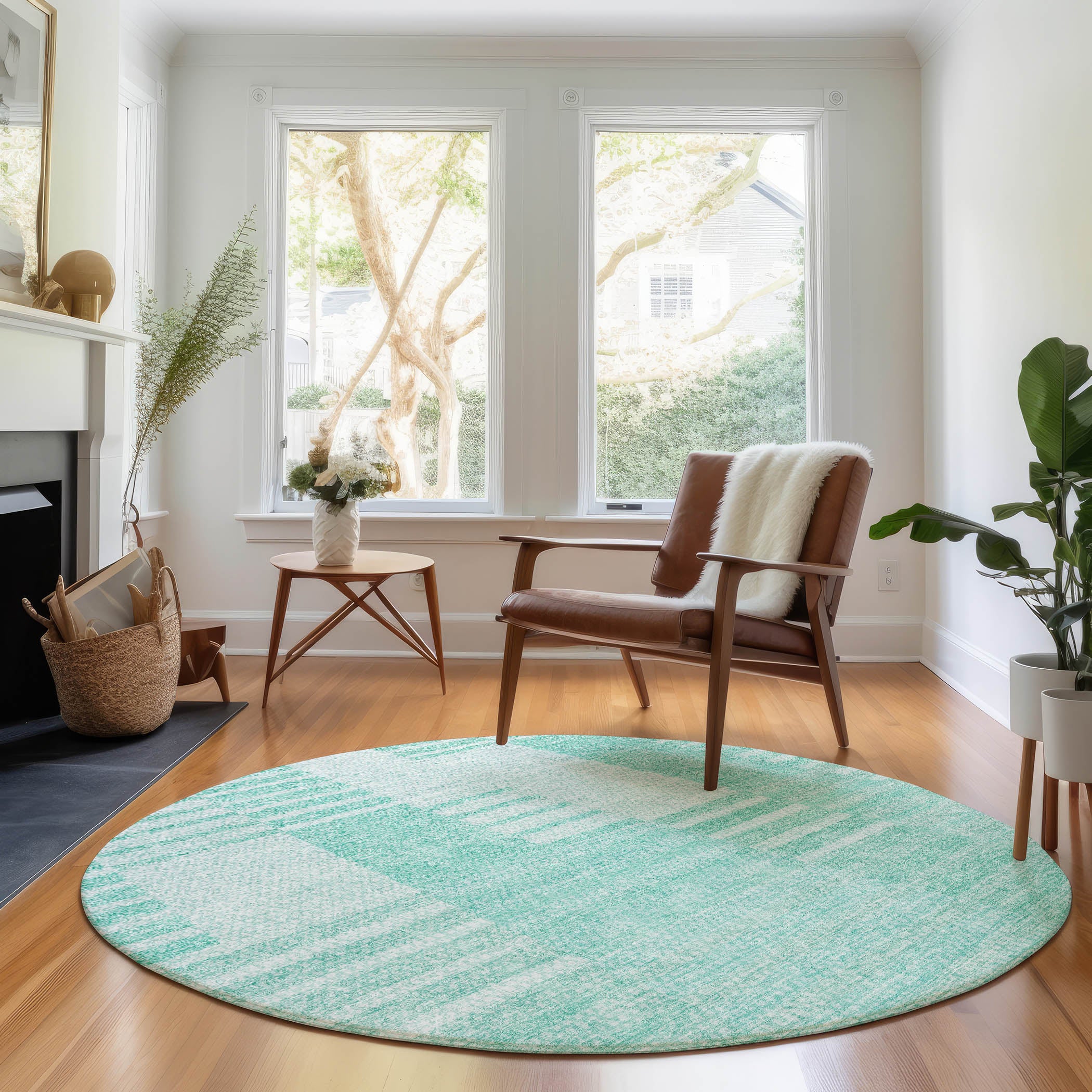 Bangkok Machine Washable Transitional Teal Rug 8' x 8' #shape_Round