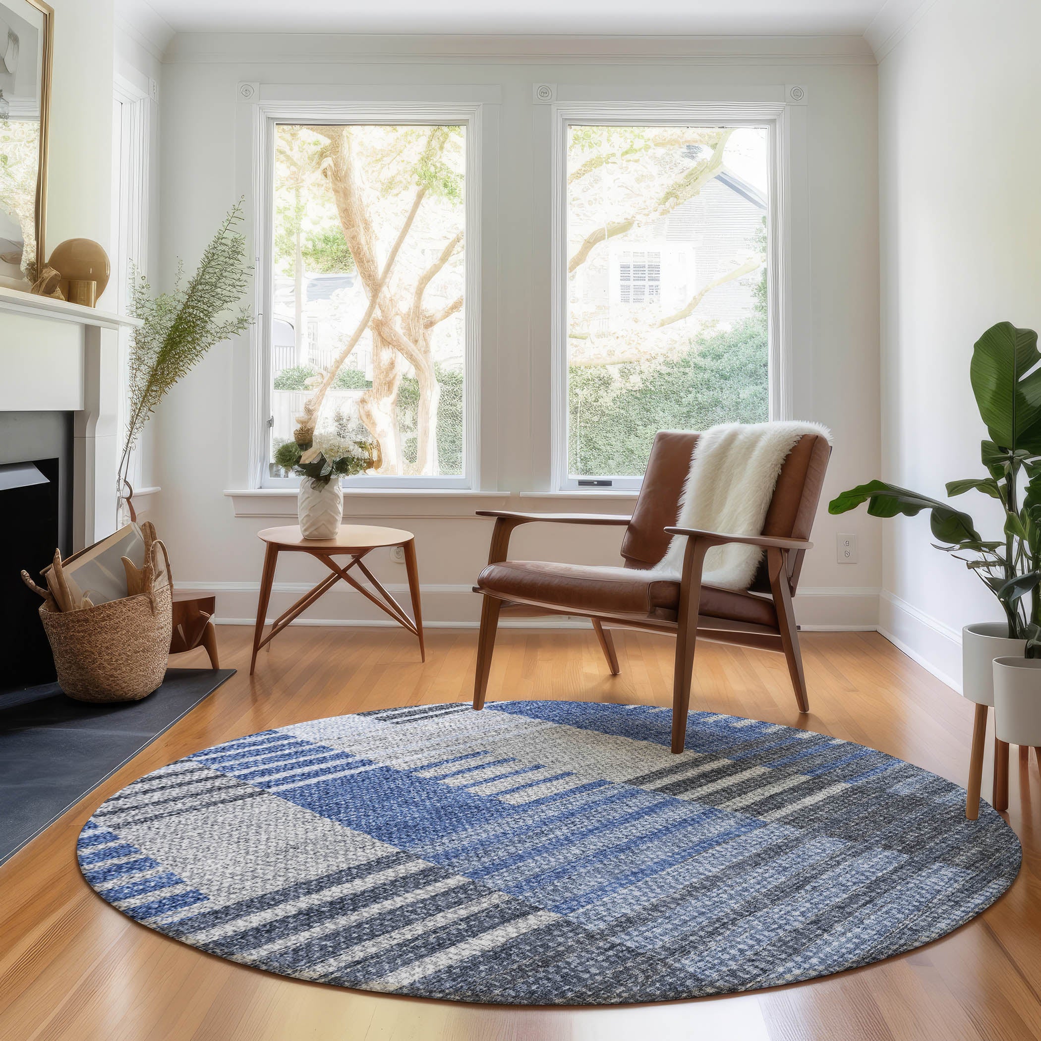 Zanzibar Machine Washable Transitional Blue Rug 8' x 8' #shape_Round
