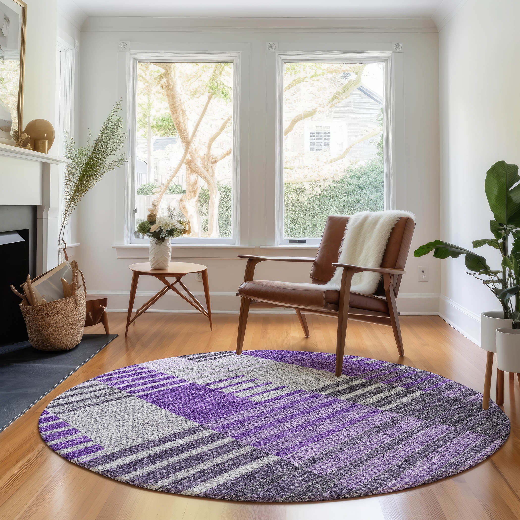 Zanzibar Machine Washable Transitional Purple Rug 8' x 8' #shape_Round