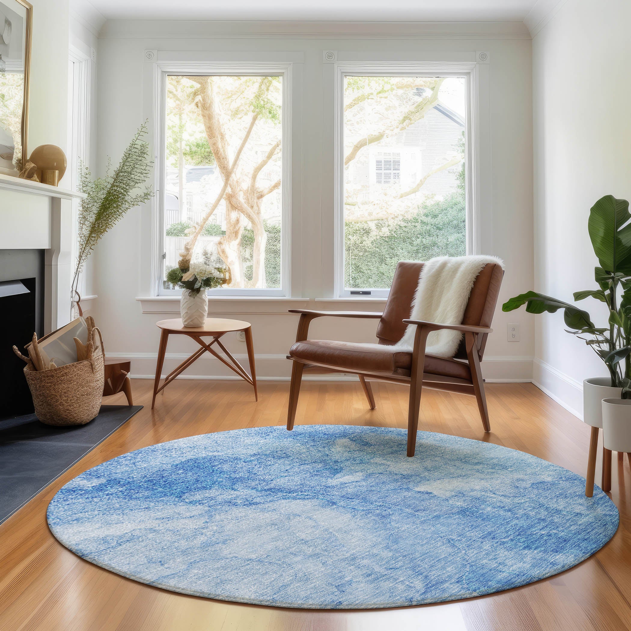 Vienna Machine Washable Transitional Blue Rug 8' x 8' #shape_Round