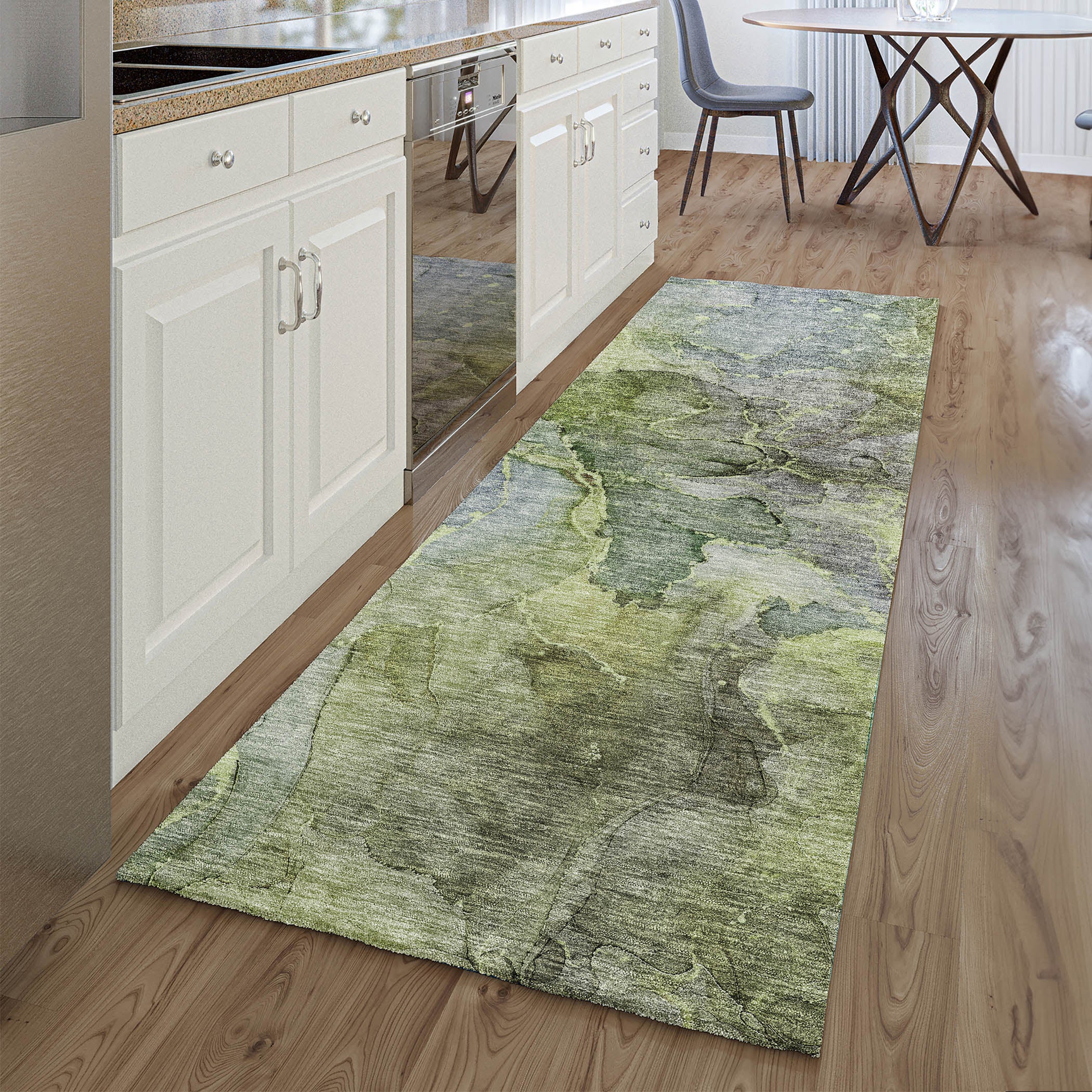 Athens Machine Washable Transitional Olive Green Rug 2'3" x 7'6" #shape_Runner