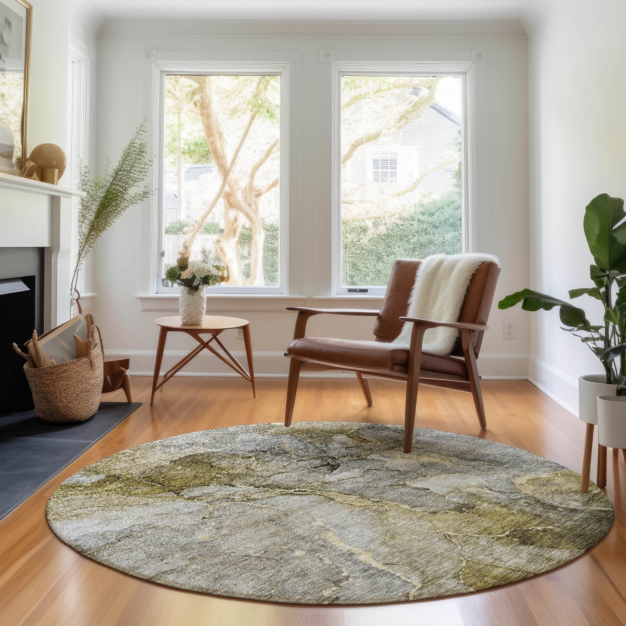 Athens Machine Washable Transitional Taupe Brown Rug 8' x 8' #shape_Round