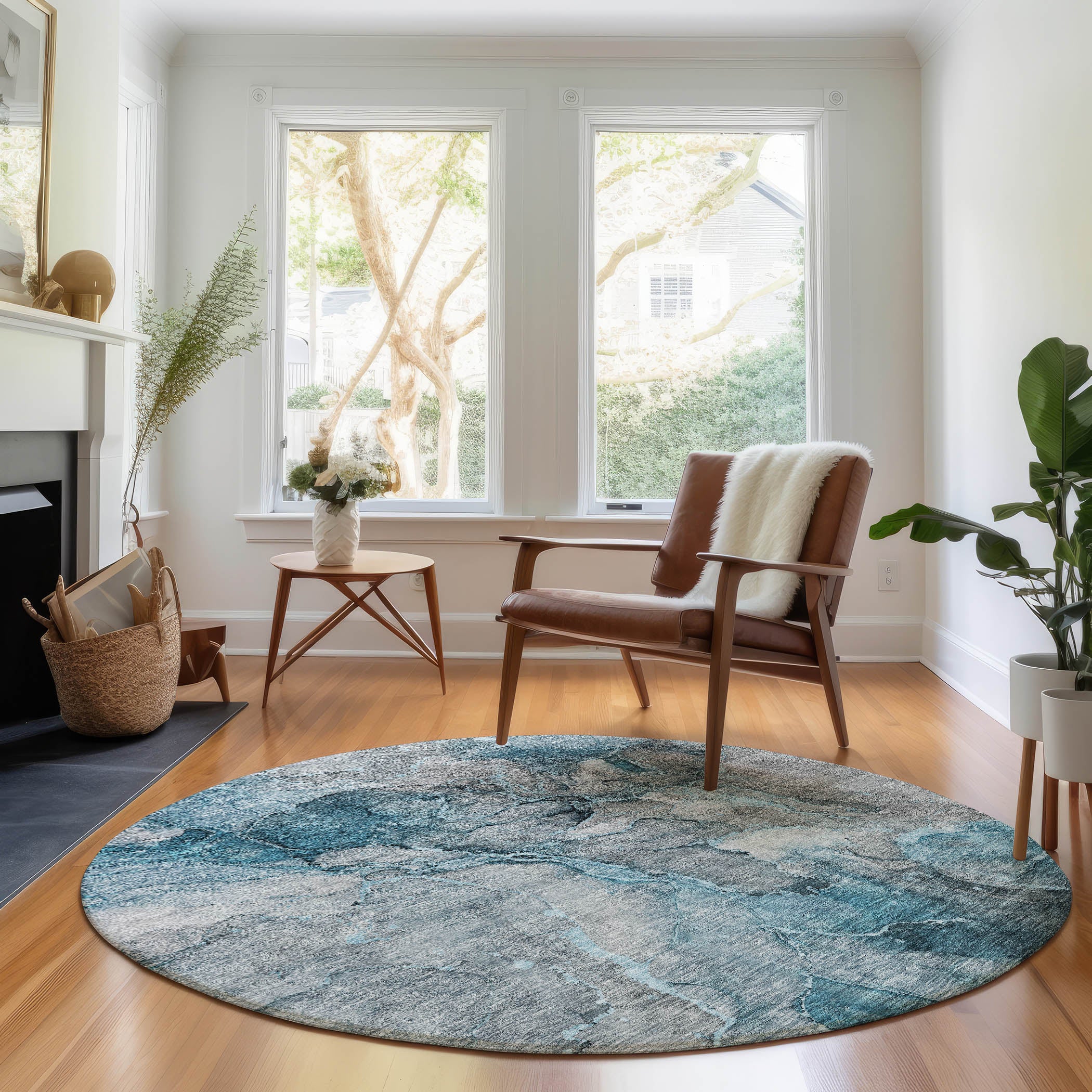 Athens Machine Washable Transitional Teal Rug 8' x 8' #shape_Round