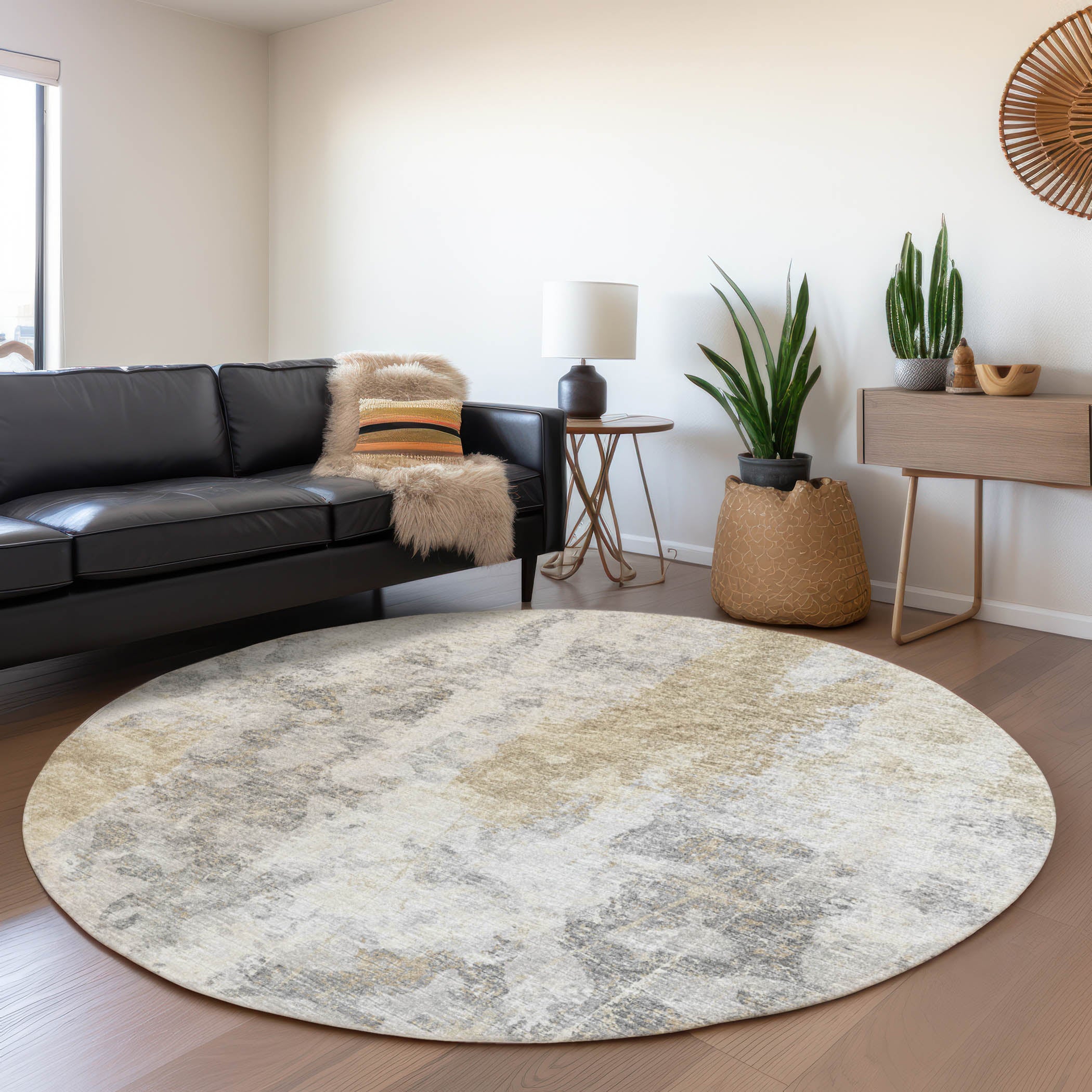 Marrakech Machine Washable Transitional Moody Ivory Rug 8' x 8' #shape_Round