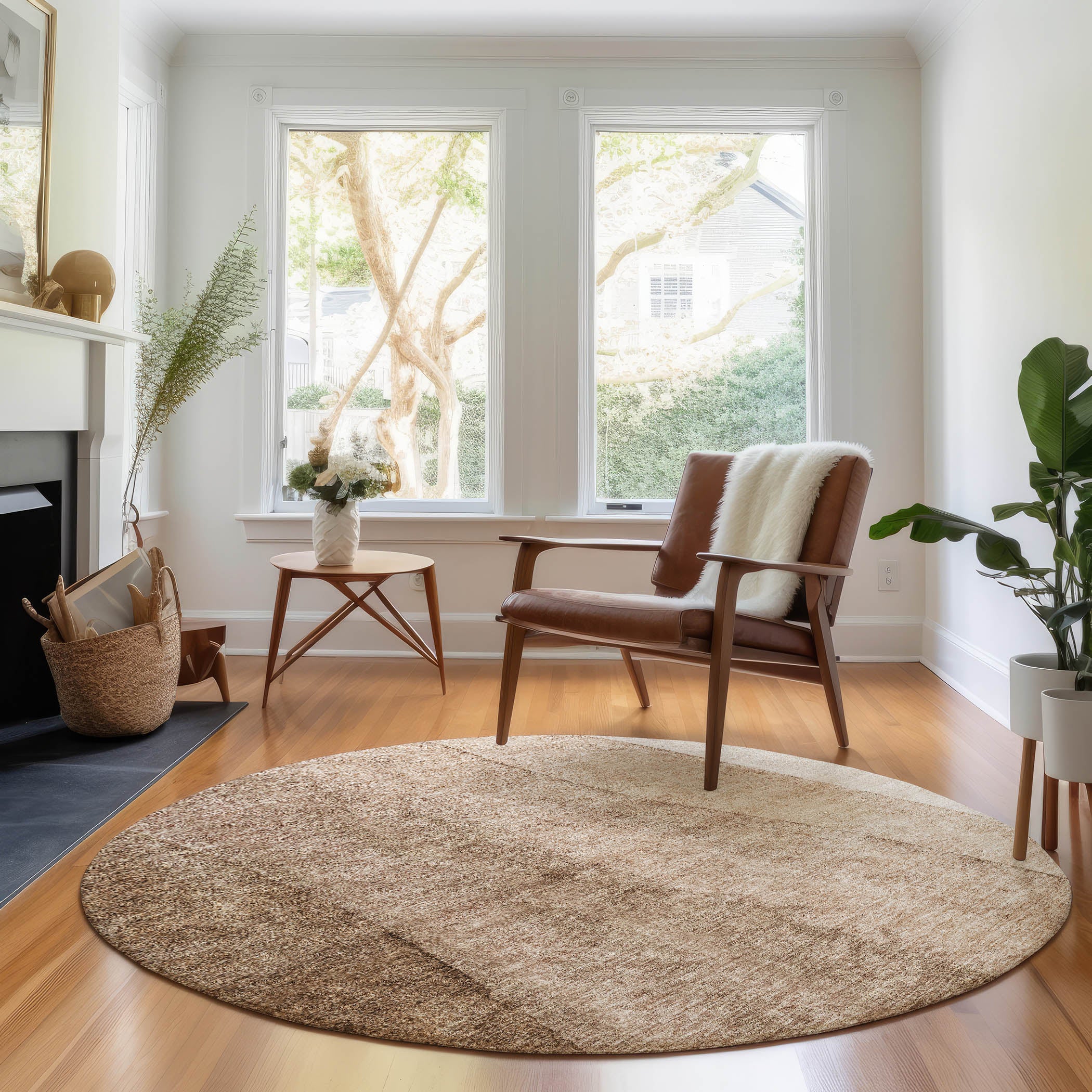Florence Machine Washable Transitional Brown Rug 8' x 8' #shape_Round