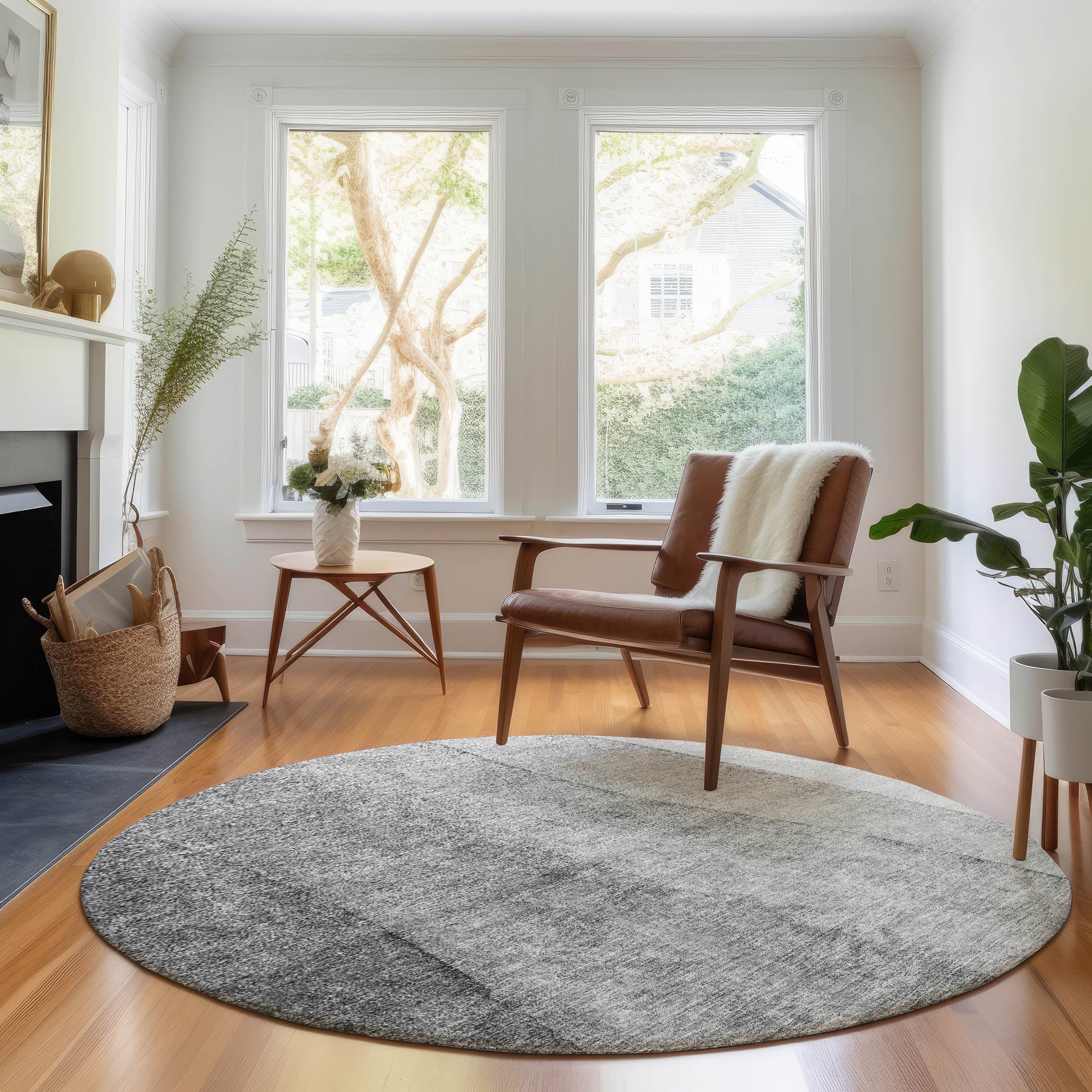 Florence Machine Washable Transitional Gray Rug 8' x 8' #shape_Round