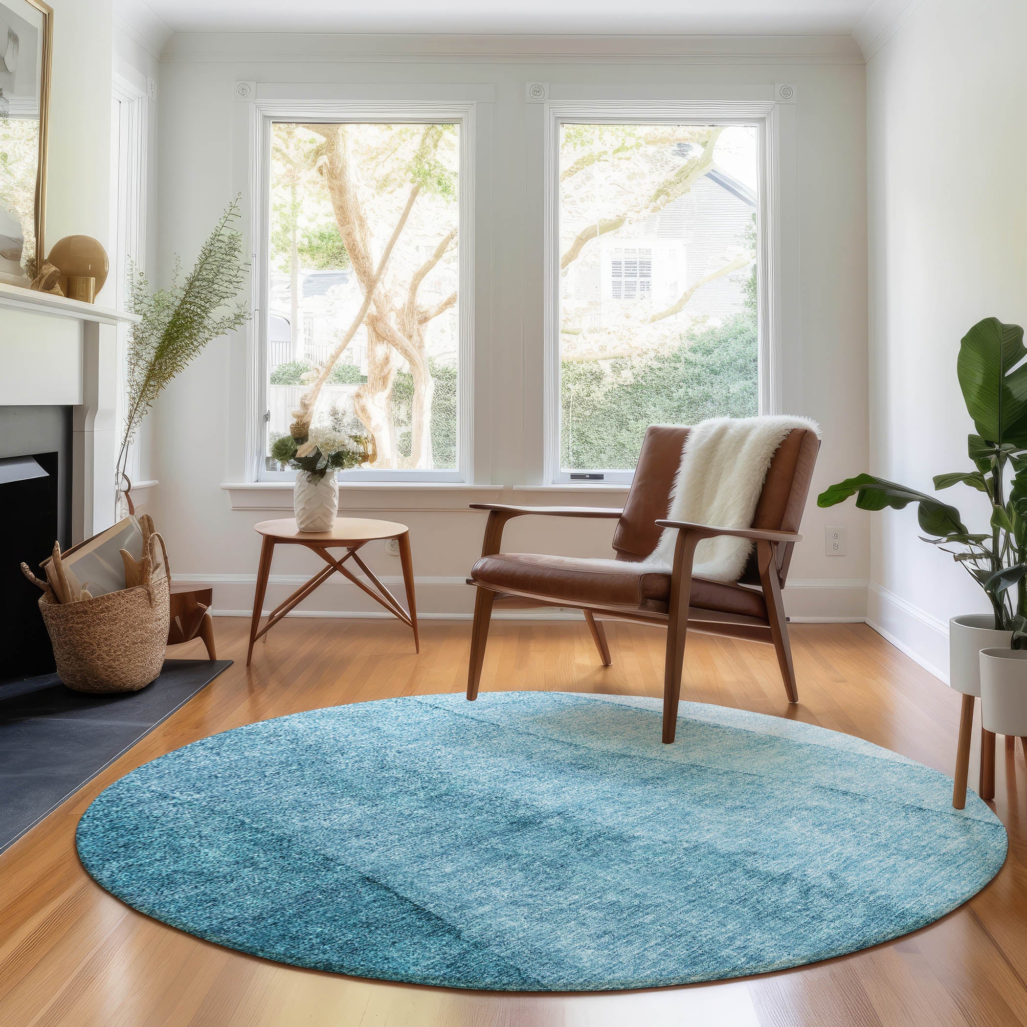 Florence Machine Washable Transitional Teal Rug 8' x 8' #shape_Round