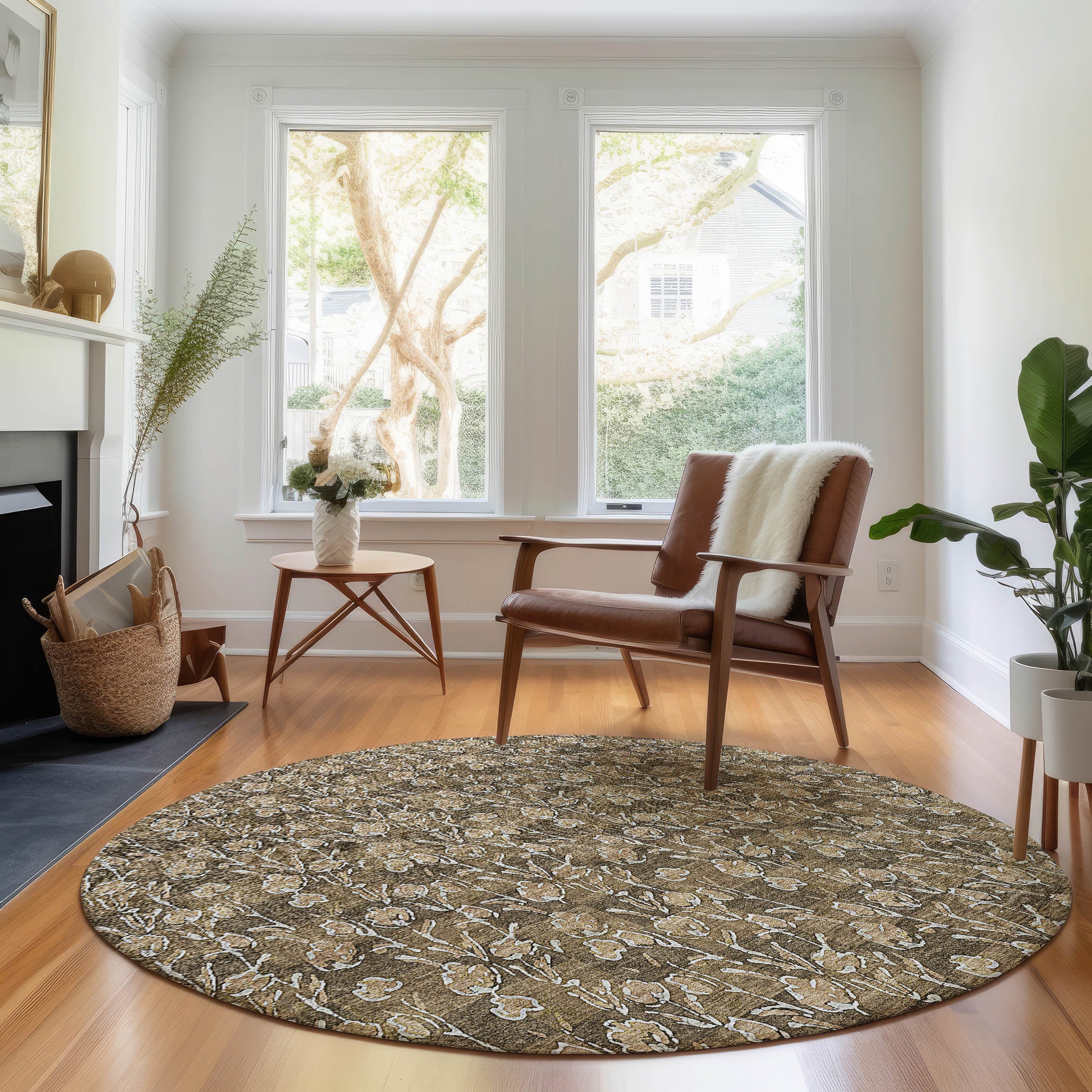 Kyoto Machine Washable Transitional Brown Rug 8' x 8' #shape_Round