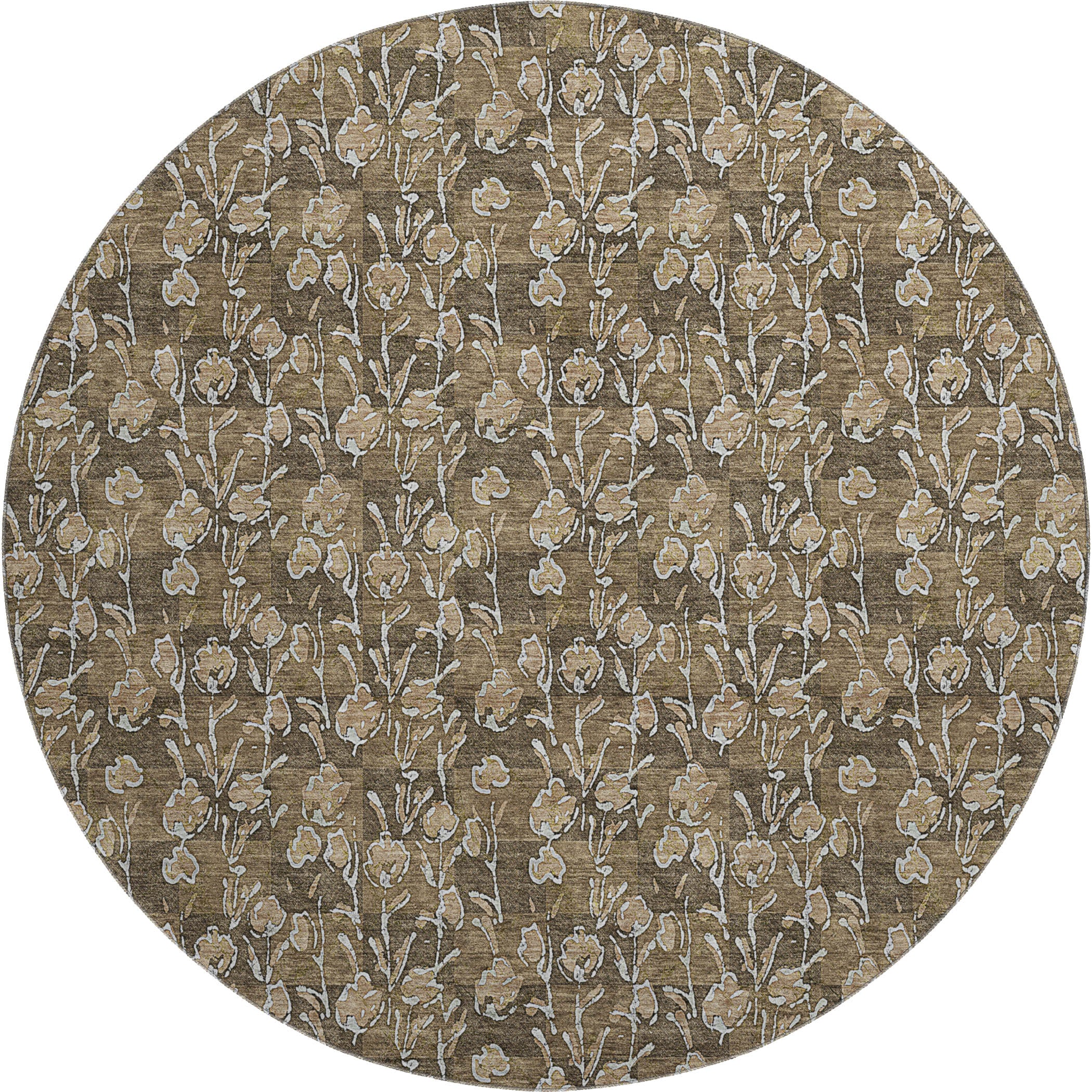 Kyoto Machine Washable Transitional Brown Rug 8' x 8' #shape_Round