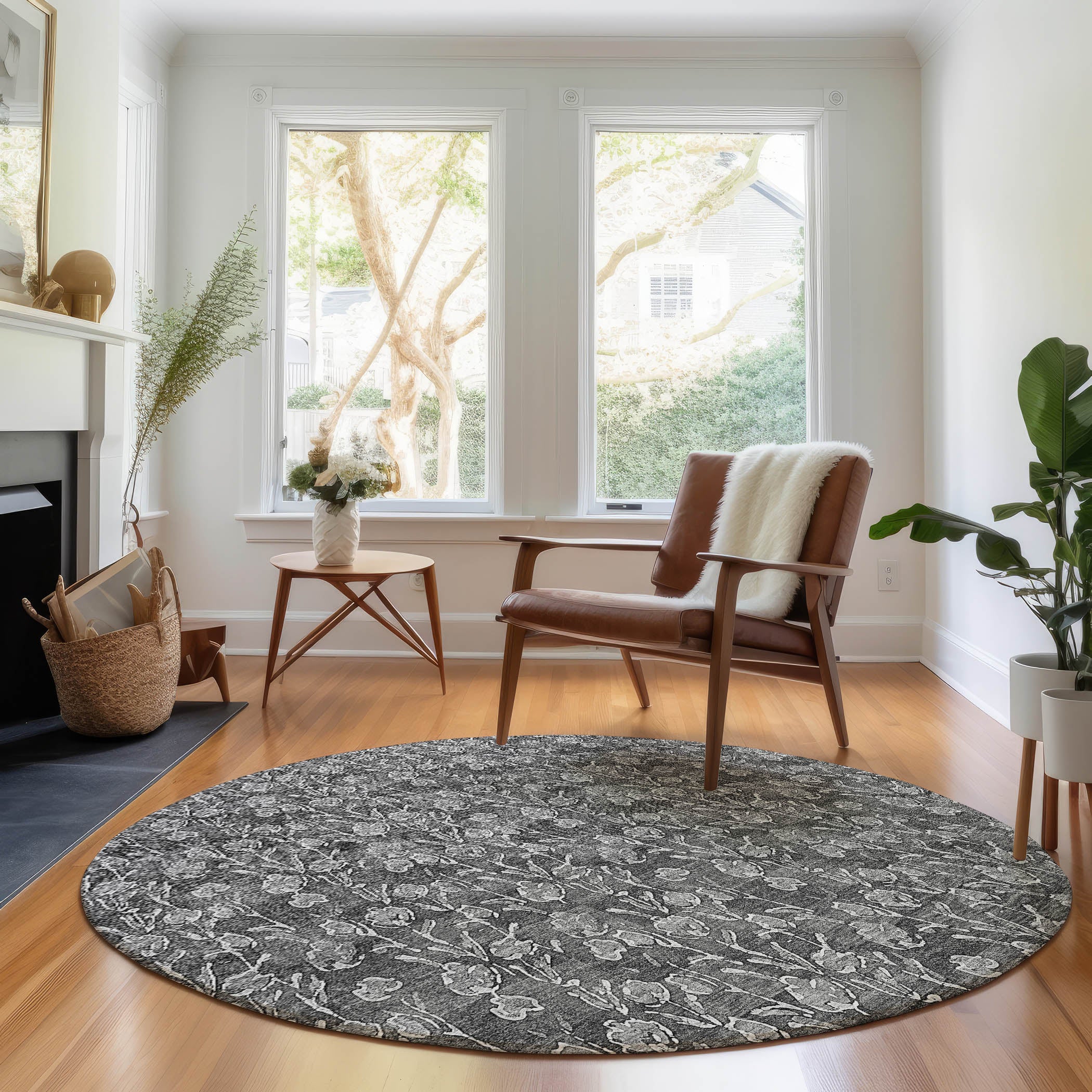 Kyoto Machine Washable Transitional Gray Rug 8' x 8' #shape_Round